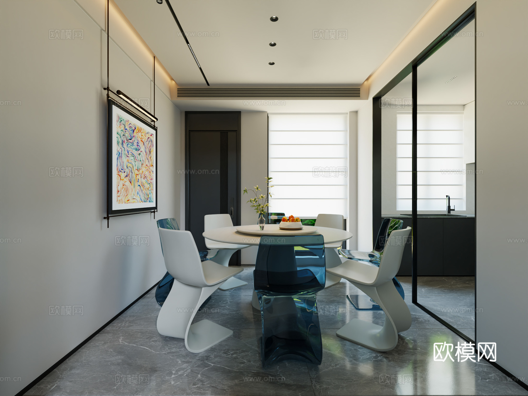 现代家居别墅挑空客厅 现代别墅客餐厅 茶室 别墅客餐厅 奶油3d模型下载（渲染图3）