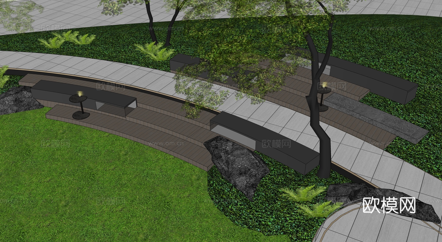 现代公园景观 林下空间 户外座椅su模型