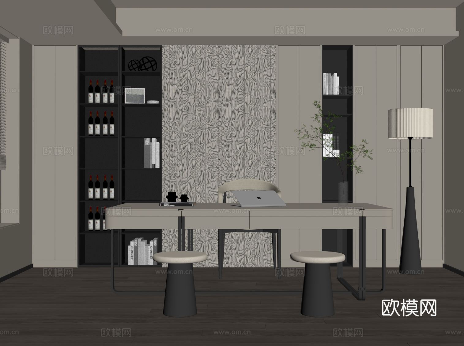 现代书房 书桌椅 书柜su模型