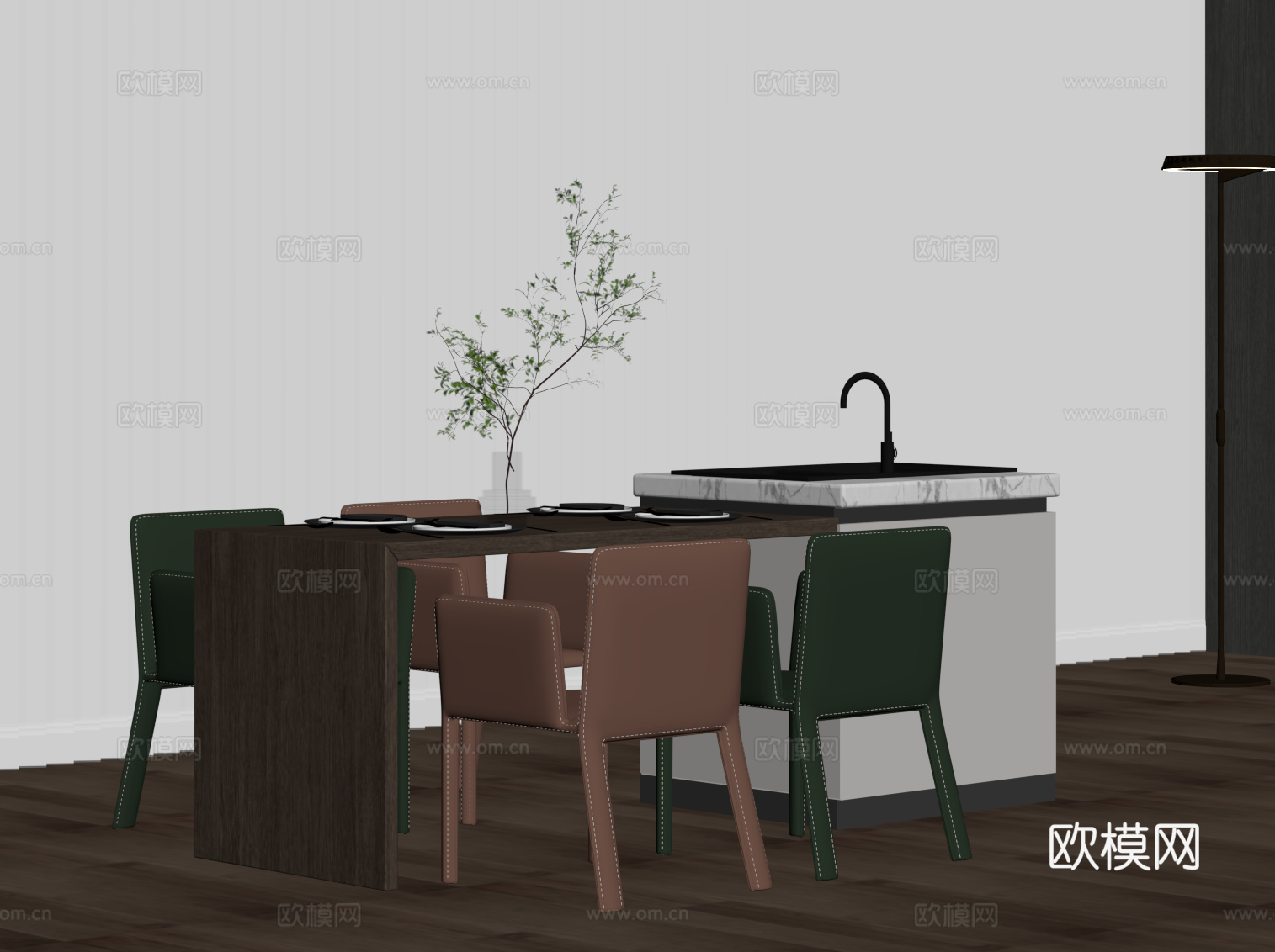 现代简约岛台 餐桌椅su模型