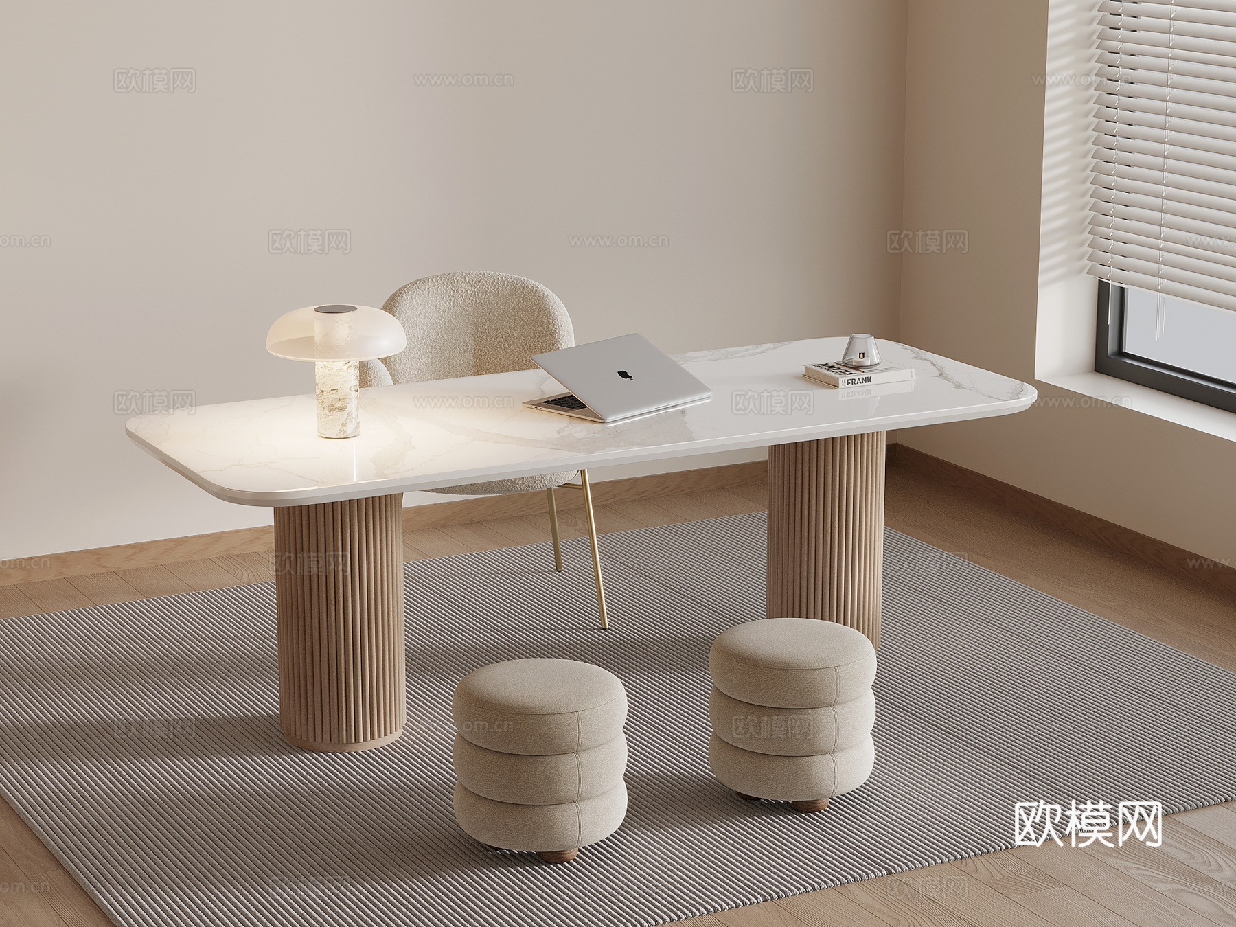 现代奶油风书桌椅 办公桌椅su模型