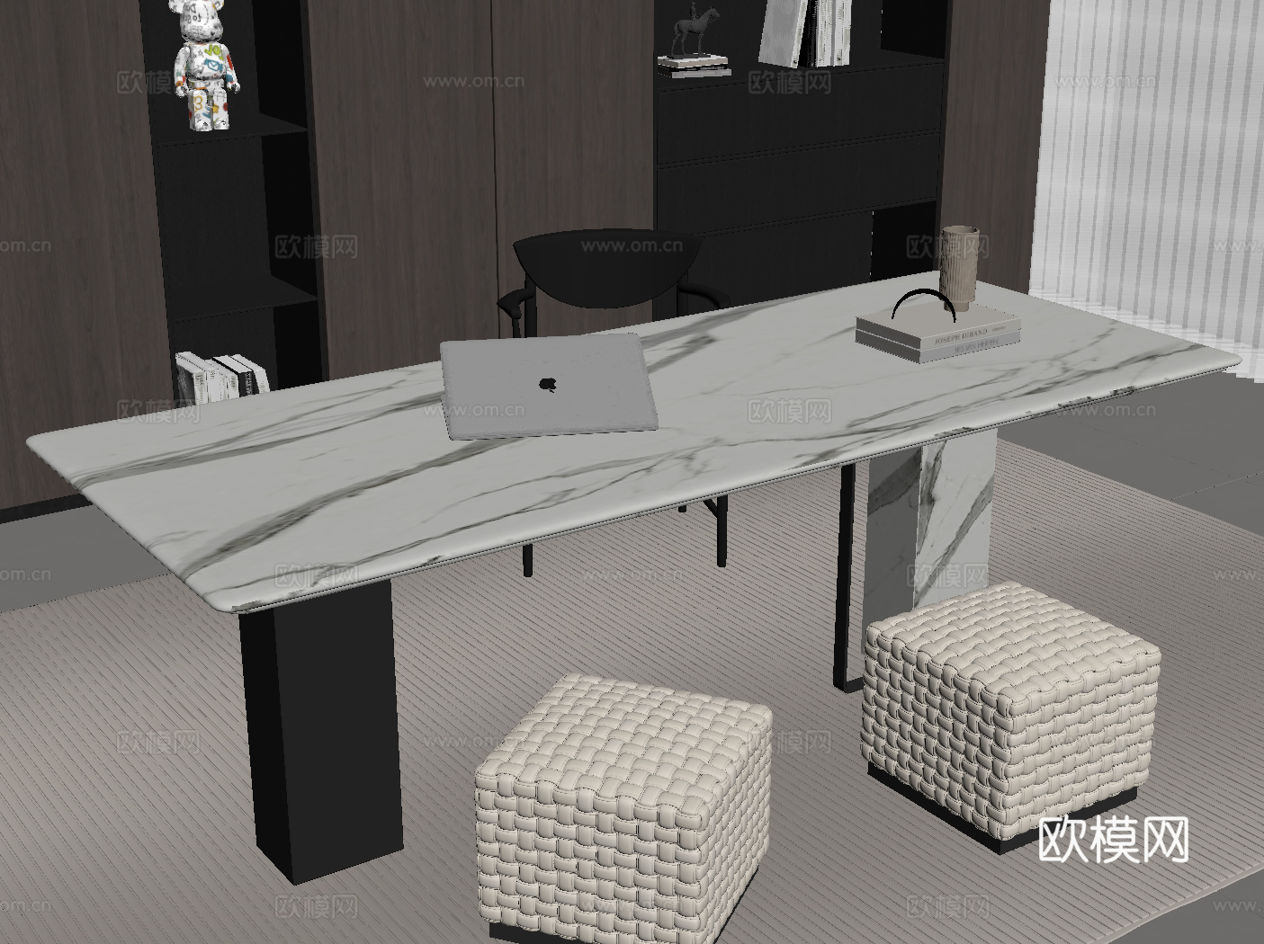 现代意式书桌椅 书房 书柜su模型