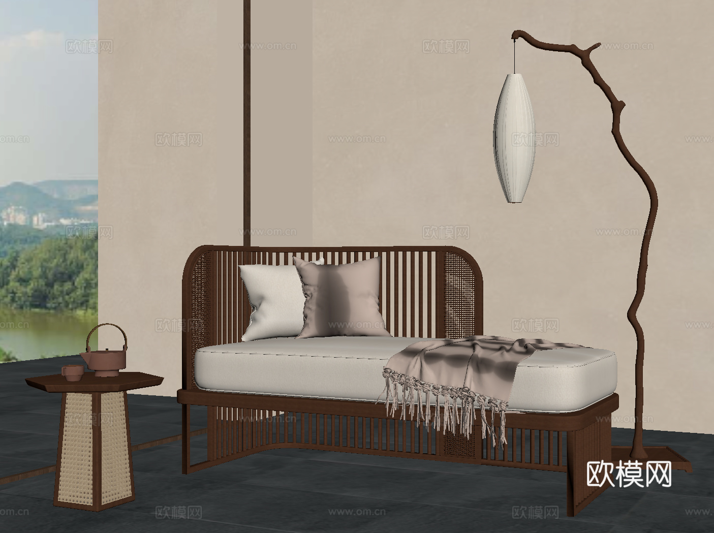 新中式贵妃椅 落地灯 边几vsu模型