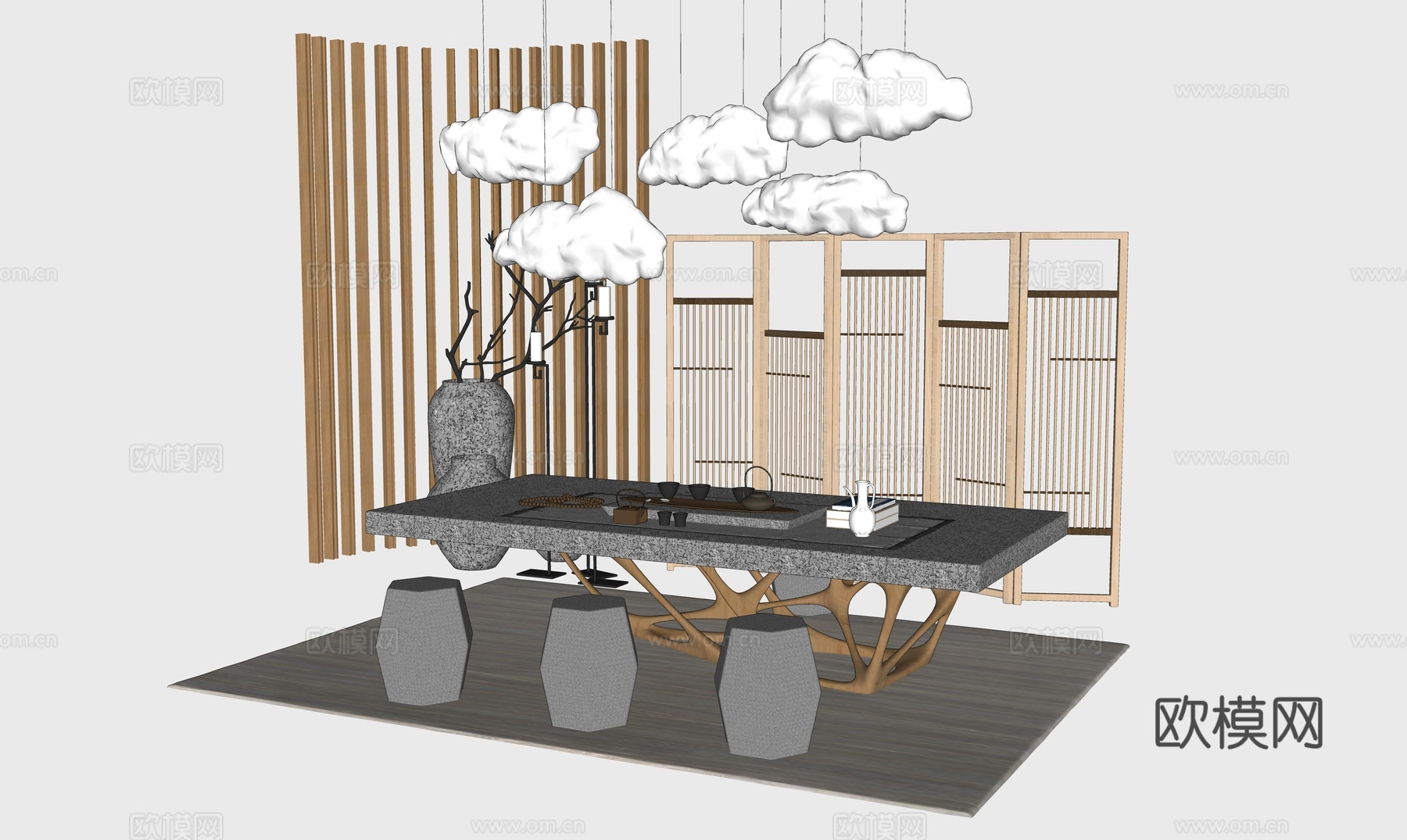 新中式茶室su模型下载（渲染图2）