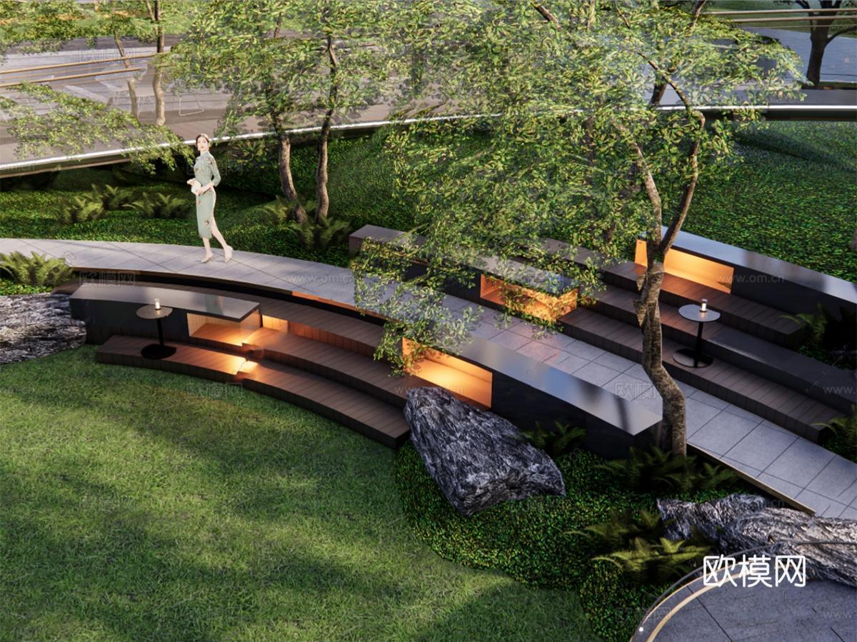 现代公园景观 林下空间 户外座椅su模型