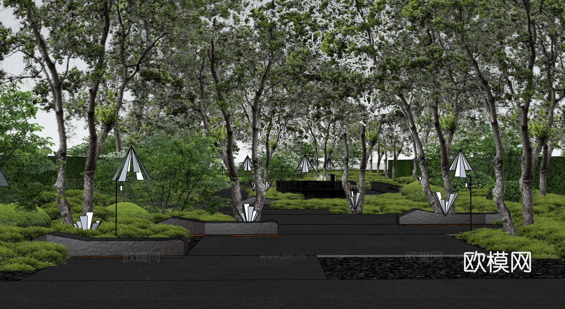 现代公园景观 林下空间 户外座椅 园林景观su模型