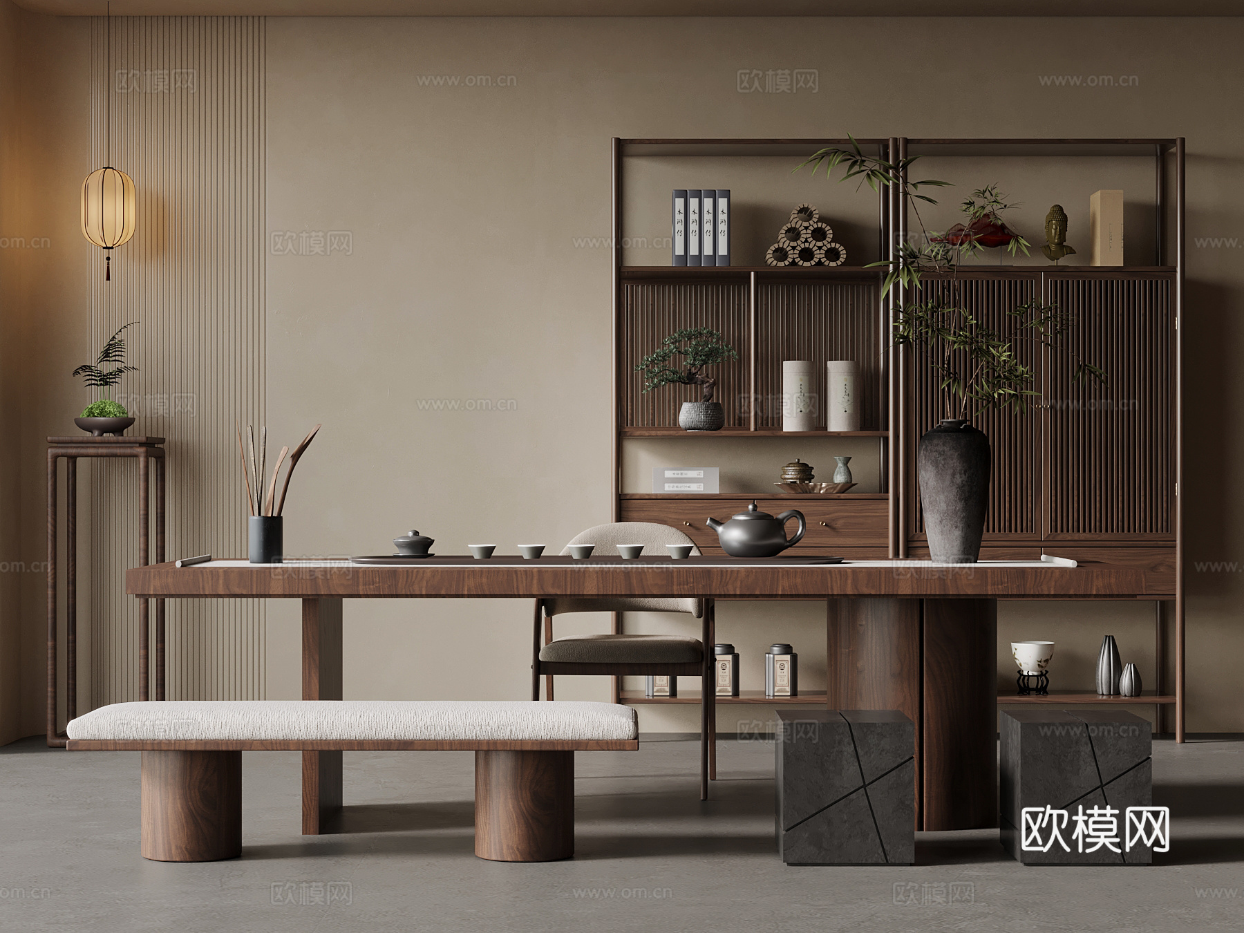 新中式茶桌椅 博古架su模型
