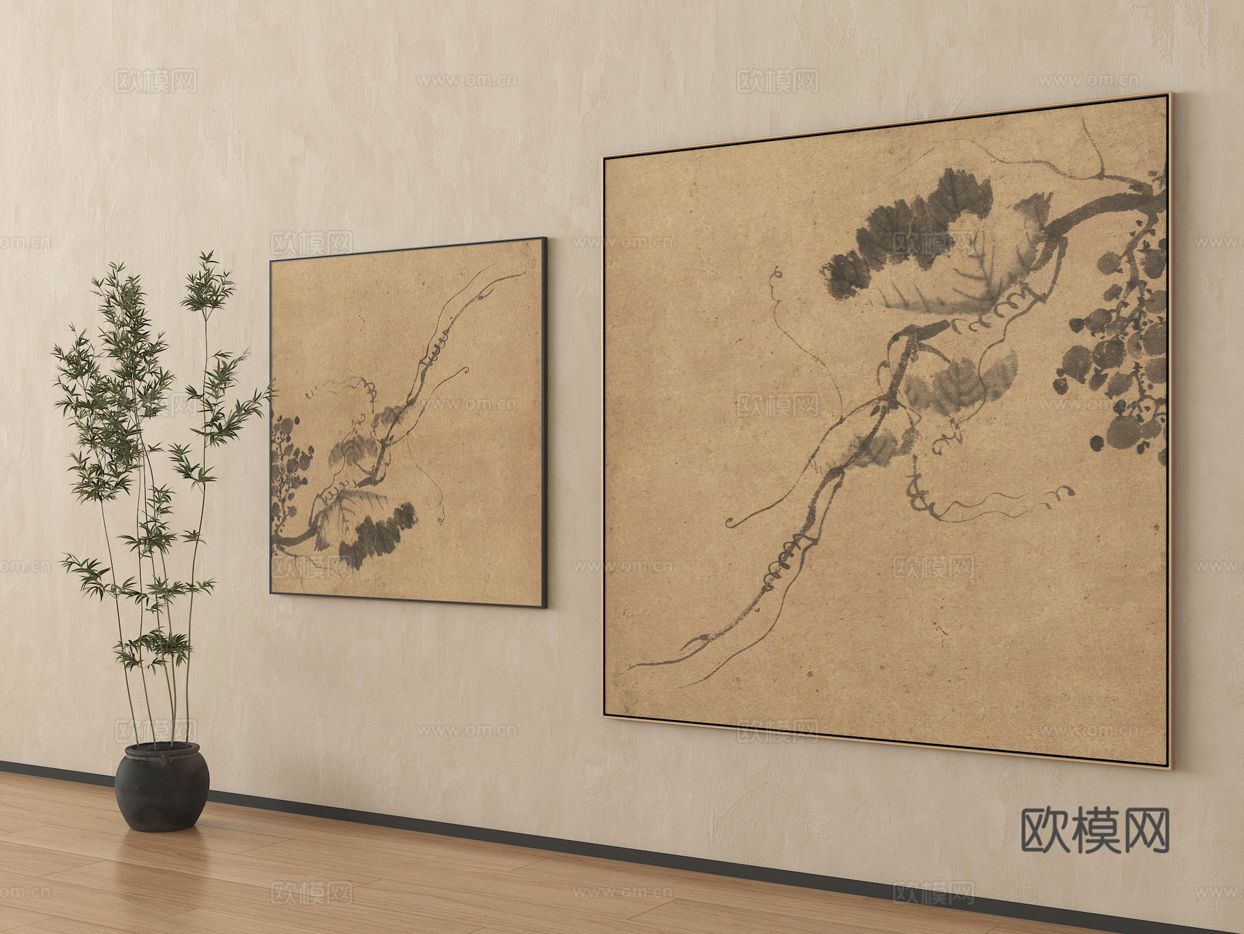 新中式装饰挂画组合 字画su模型