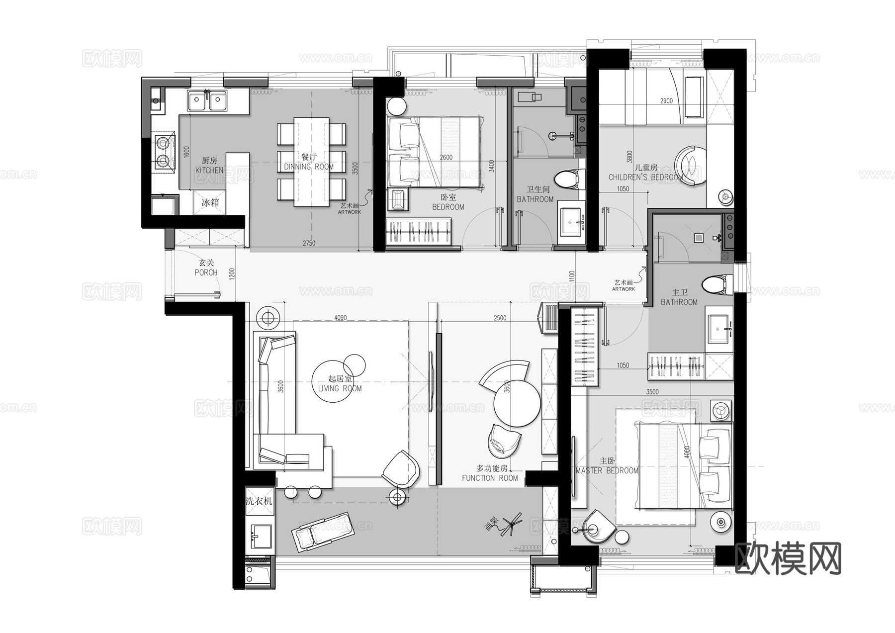 轻奢大平层 样板间 最新全套施工图 效果图合集cad施工图