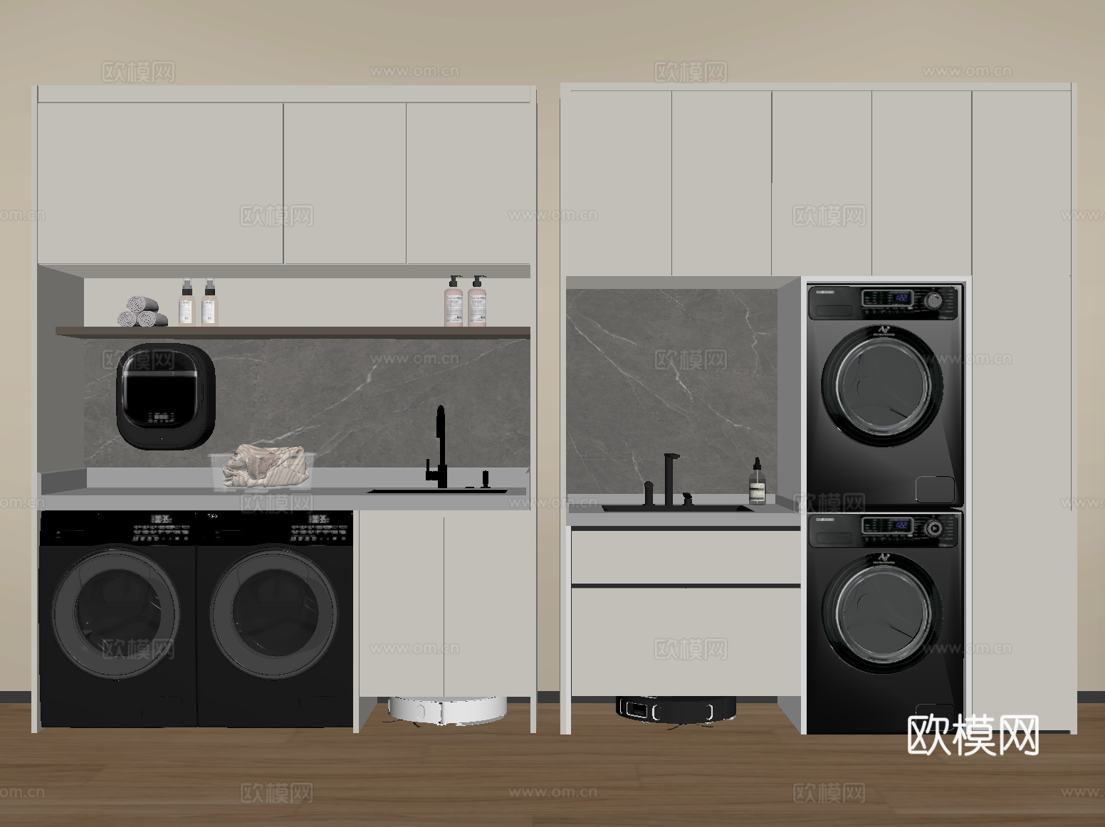 现代洗衣机柜 阳台柜 洗衣机 烘干机 壁挂洗衣机 扫地机器人su模型