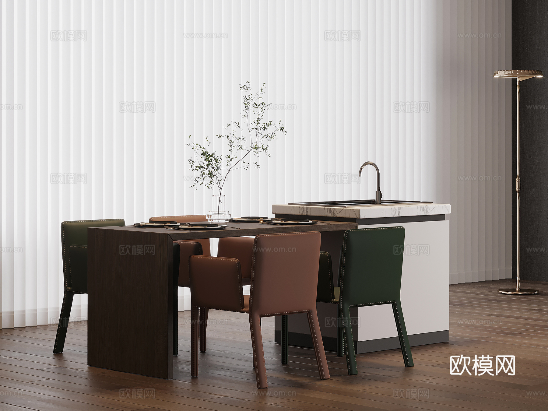 现代简约岛台 餐桌椅su模型