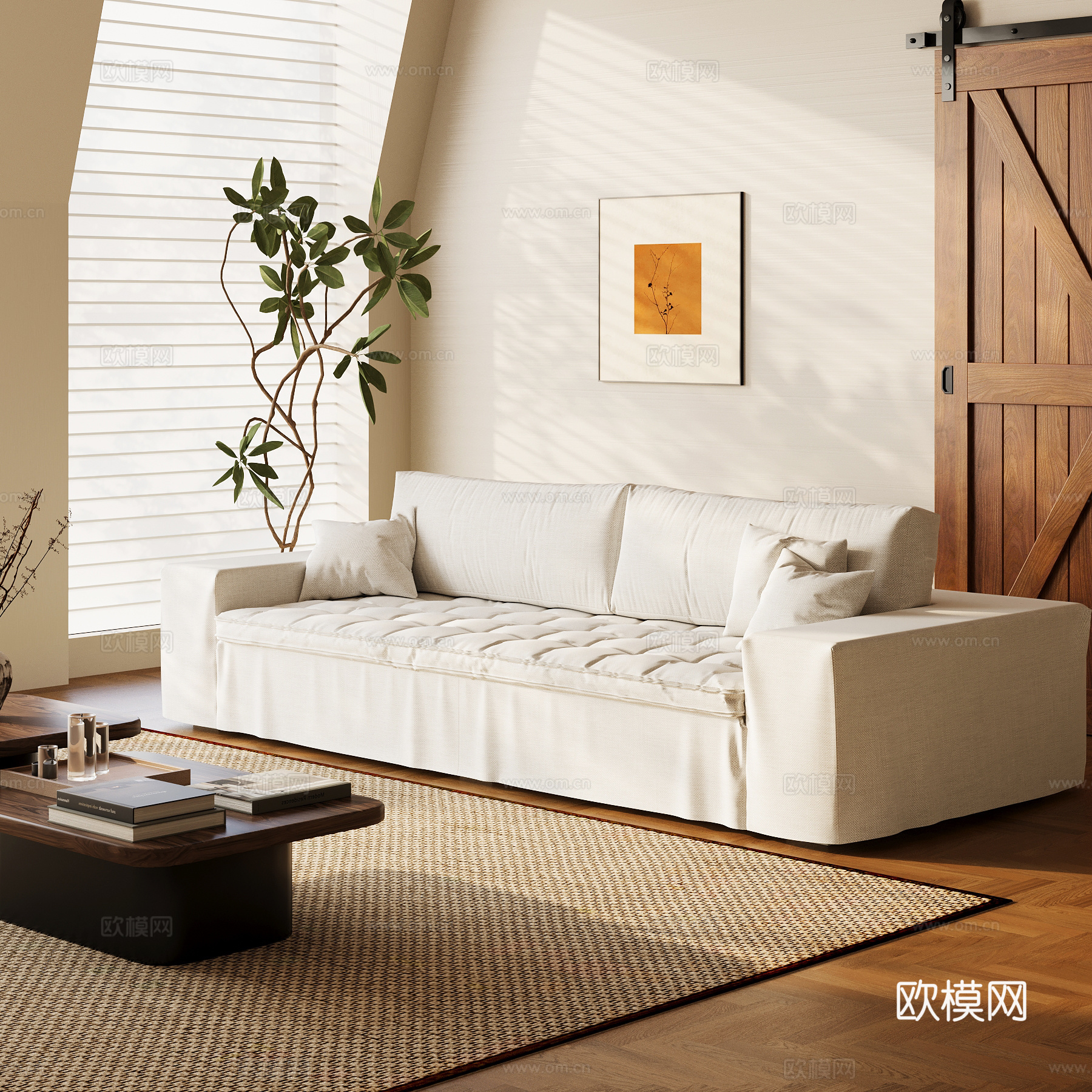 现代中古风多人沙发 布艺沙发su模型