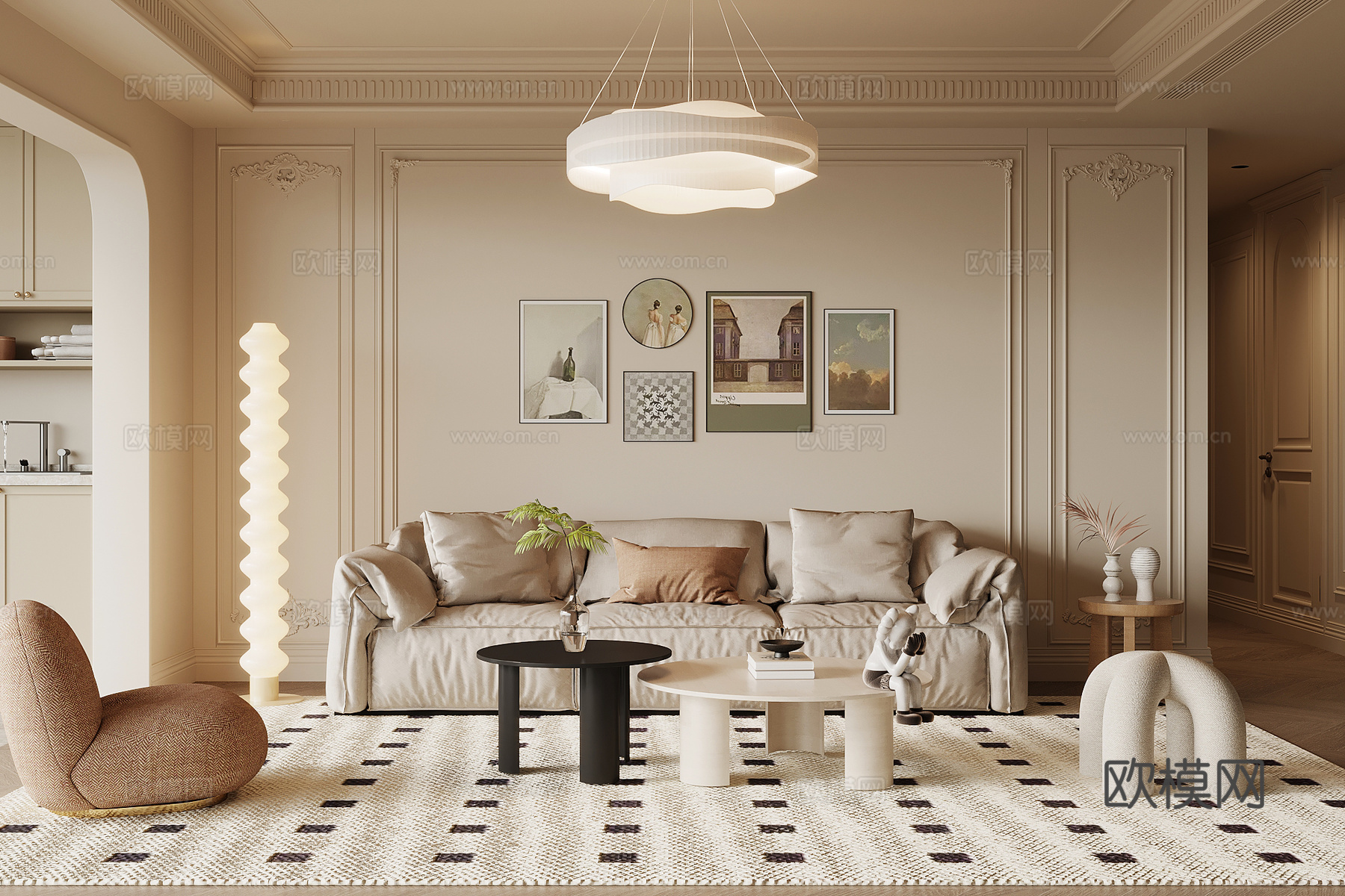 现代奶油风客厅 沙发背景墙 沙发茶几组合su模型