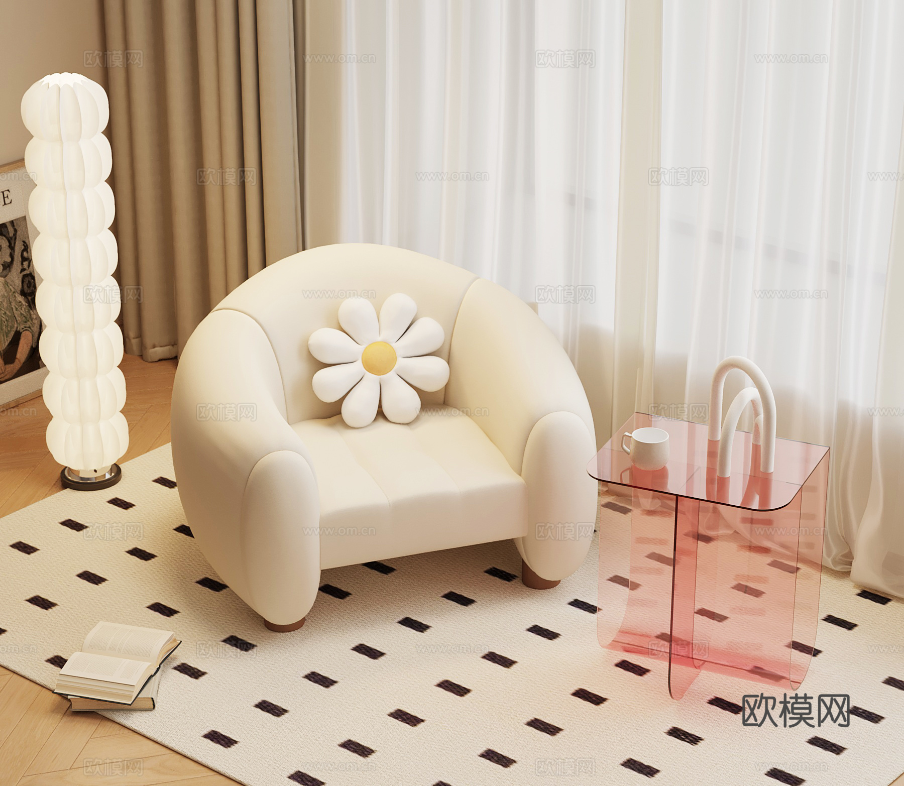 现代奶油风单人沙发 亚克力边几 落地灯su模型su模型