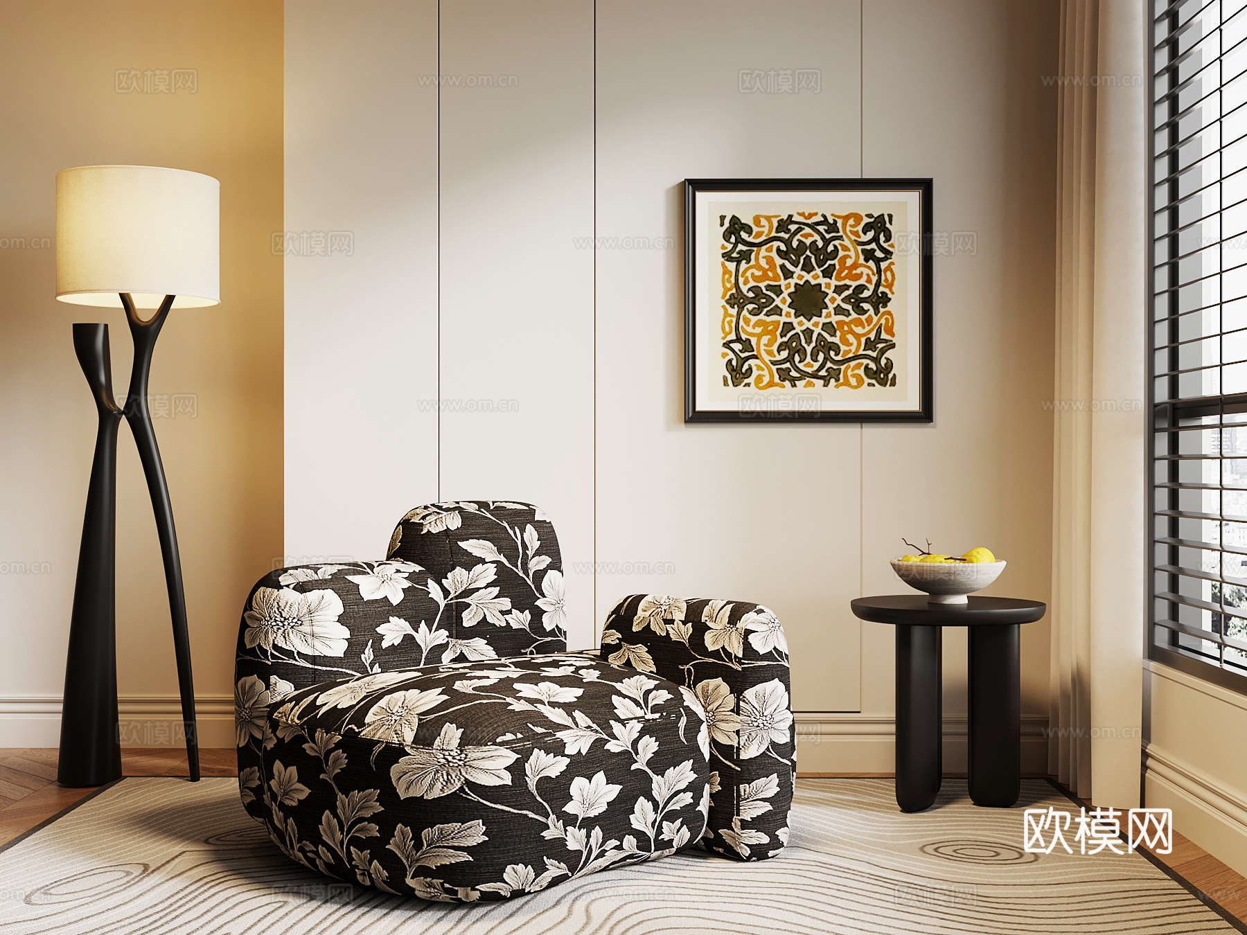 法式复古单人沙发 休闲沙发 落地灯 边几 挂画3d模型下载