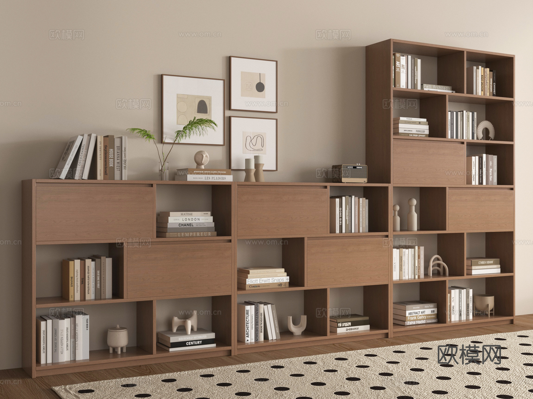 中古风书柜 展示柜 书架 实木置物柜 落地书柜su模型