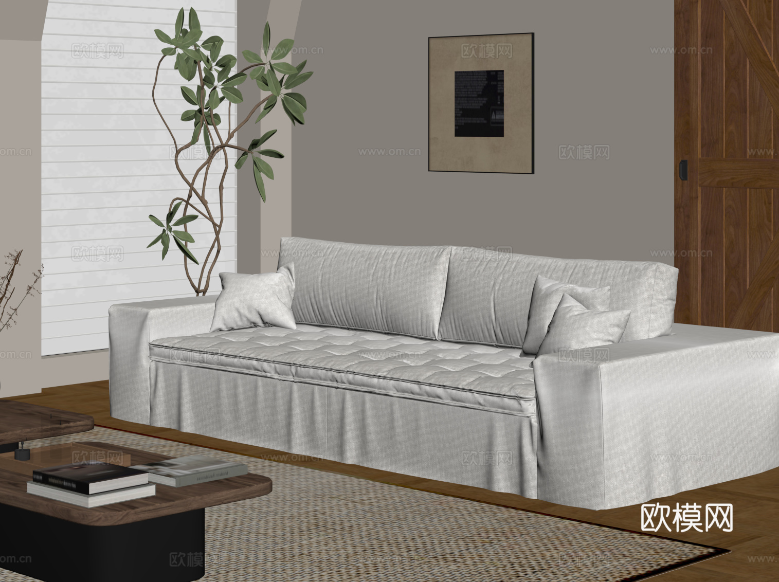 现代中古风多人沙发 布艺沙发su模型