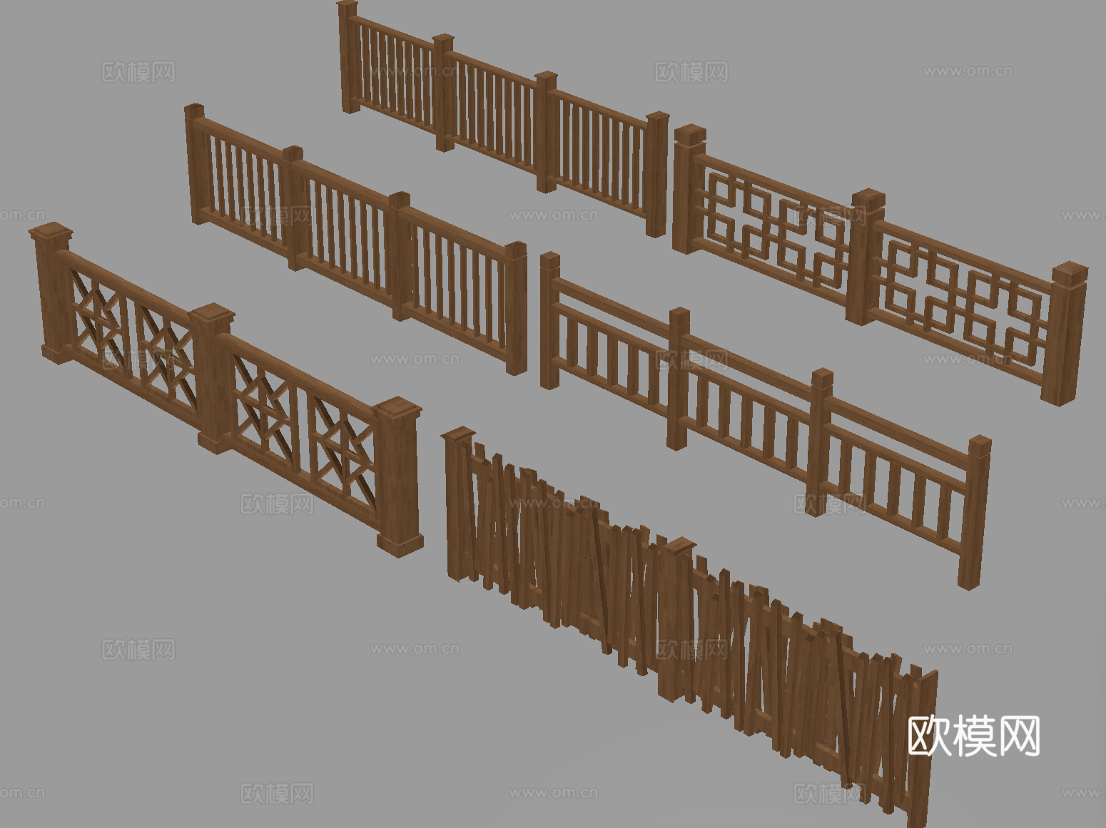 中式围栏护栏 庭院木篱笆栅栏 实木栏杆围挡su模型