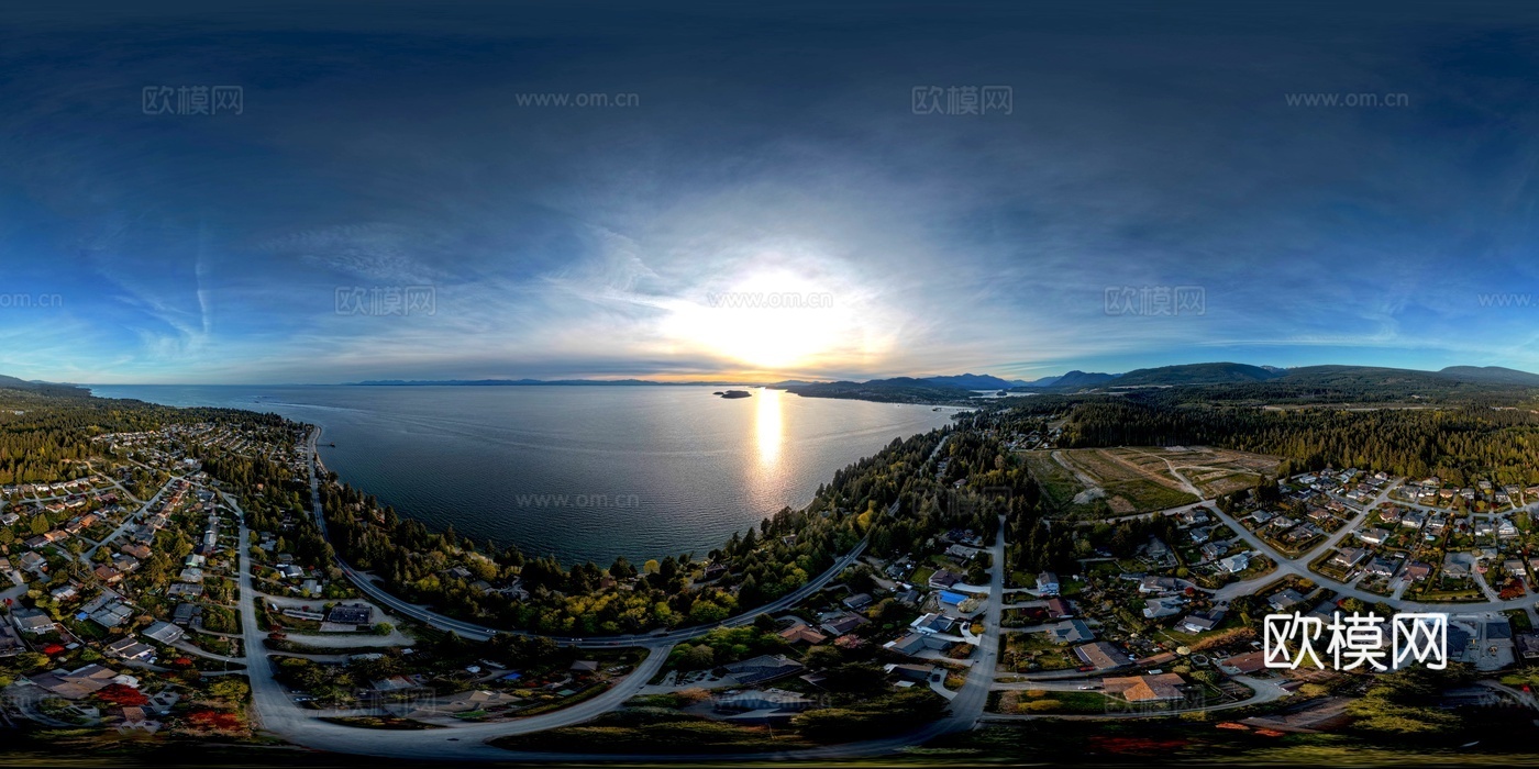 现代小镇鸟瞰大海天空黄昏hdr