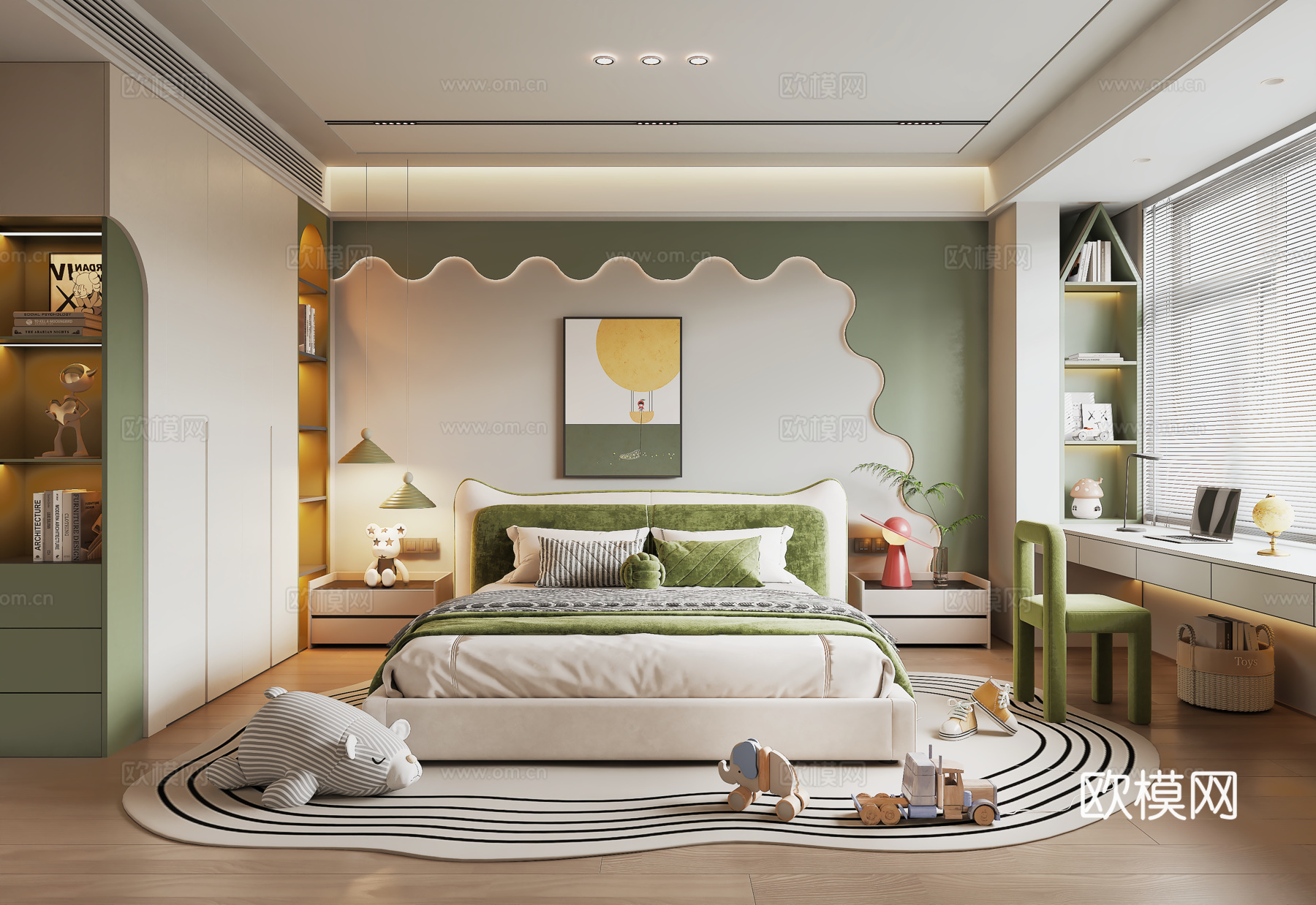 现代儿童房 儿童床 阳台书桌椅 儿童衣柜su模型