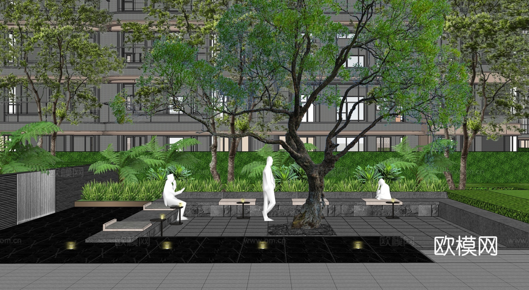 现代公园景观 林下空间 户外座椅su模型