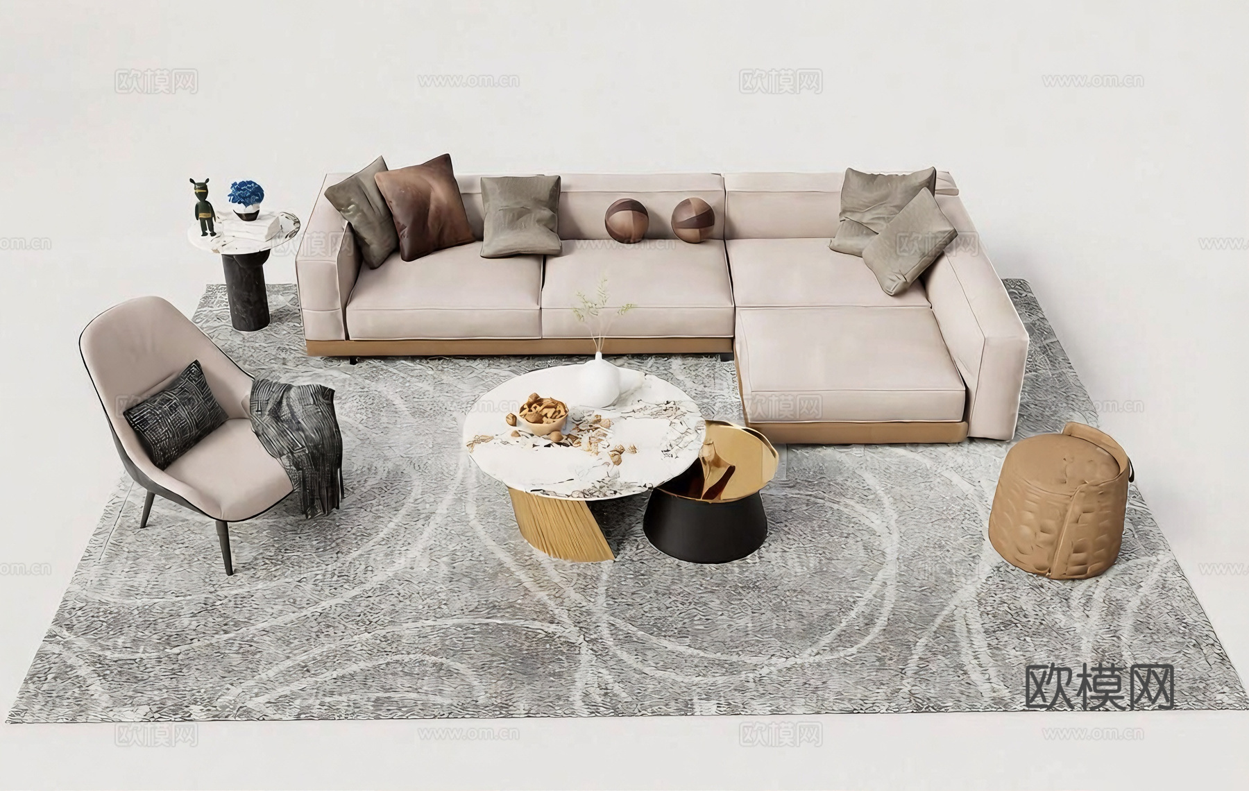 现代简约沙发组合 L型沙发组合 大理石茶几 布艺沙发su模型
