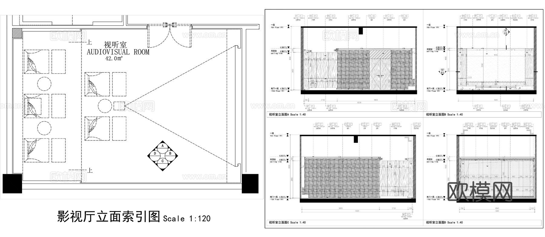 影视厅墙面节点 影视厅平立面图 墙面布局 墙面节点cad施工图