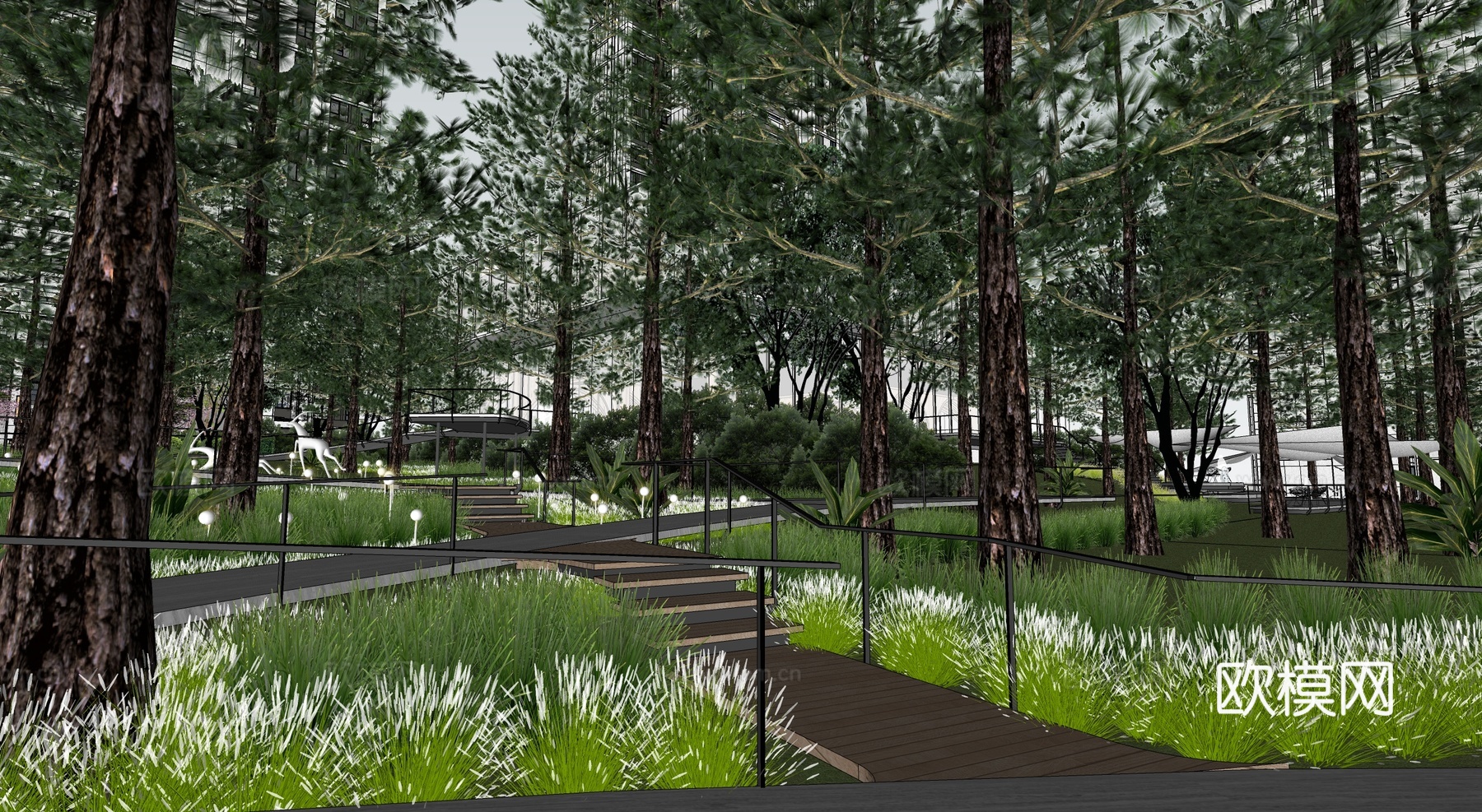 现代公园景观 林下空间 户外座椅su模型
