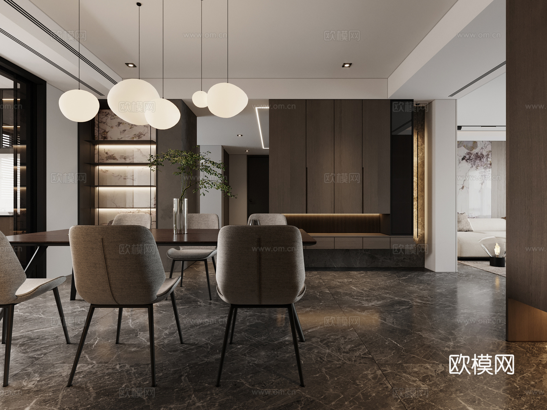 轻奢大平层 样板间 最新全套施工图 效果图合集cad施工图下载（渲染图4）