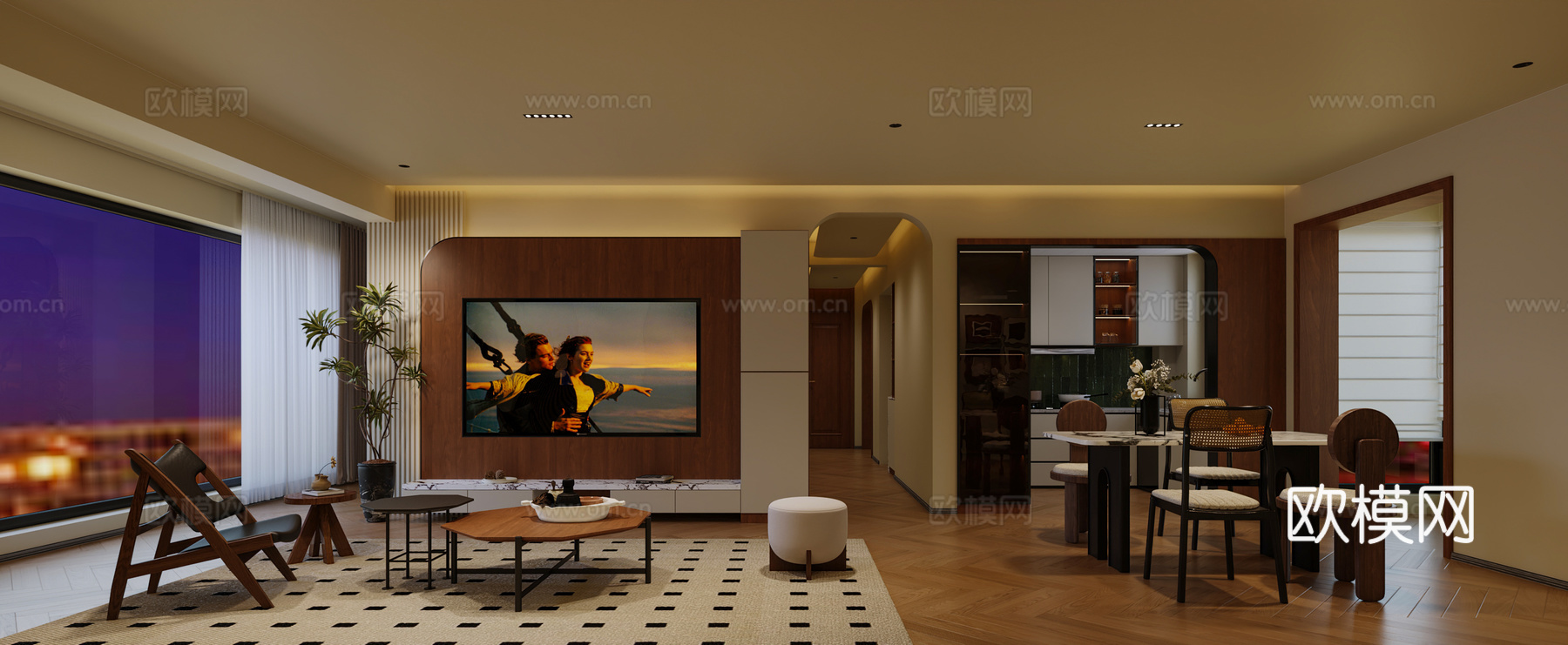 中古风客餐厅 中古风沙发组合 中古风餐桌椅组合  中古风客厅3d模型下载（渲染图2）