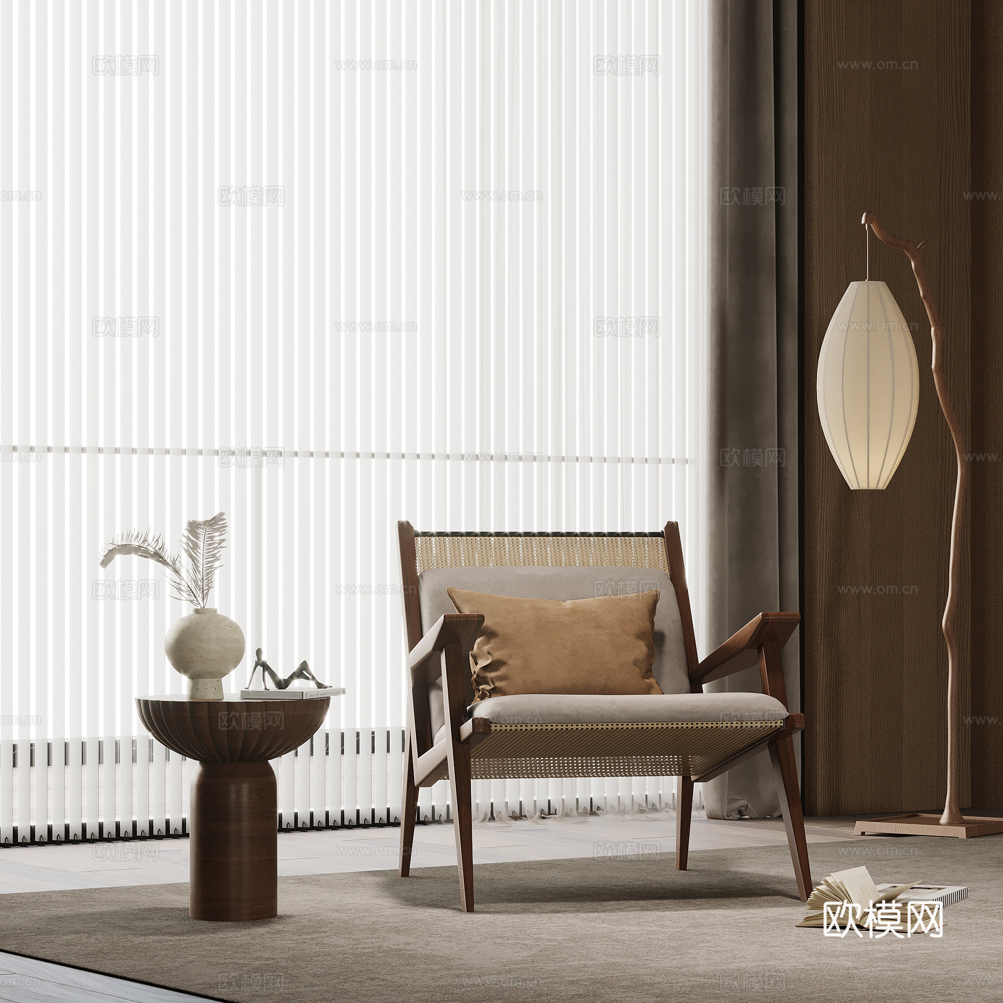 中古风休闲椅 边几 落地灯su模型