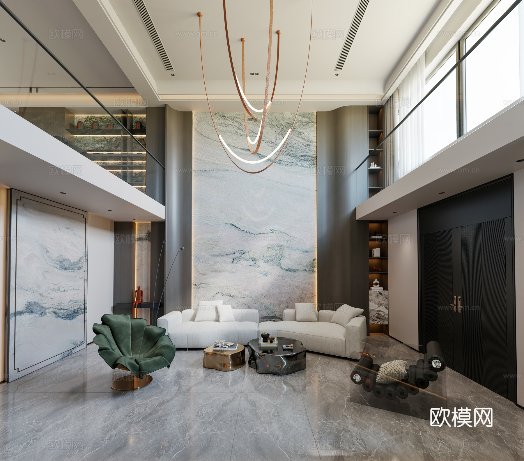 现代家居别墅挑空客厅 现代别墅客餐厅 茶室 别墅客餐厅 奶油3d模型下载（渲染图1）