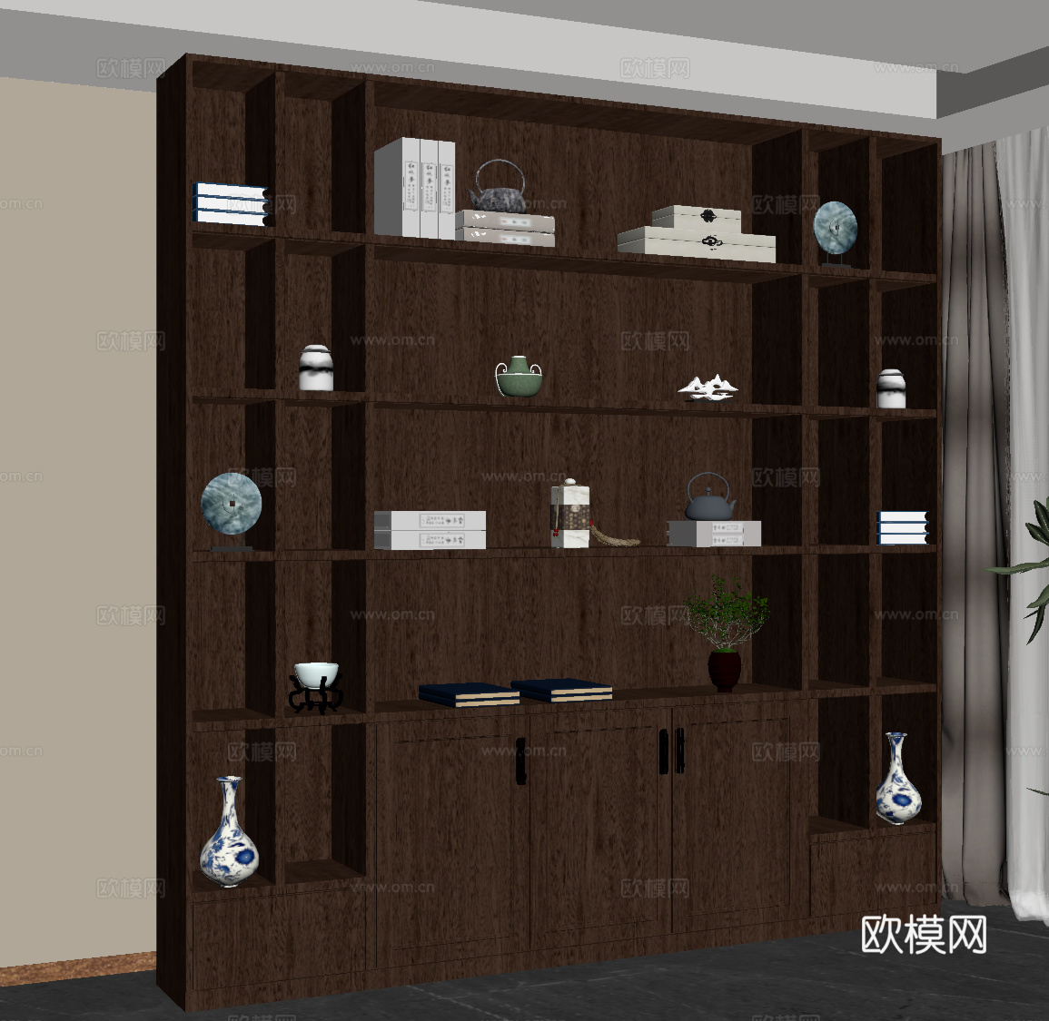 新中式书柜 置物柜 博古架su模型