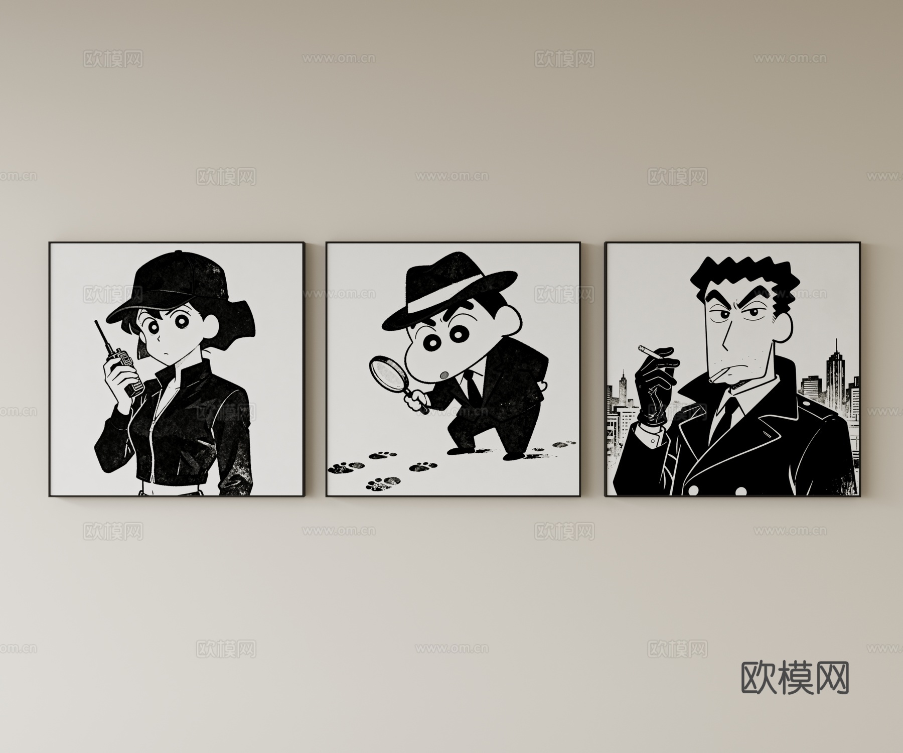 现代黑白卡通挂画组合su模型