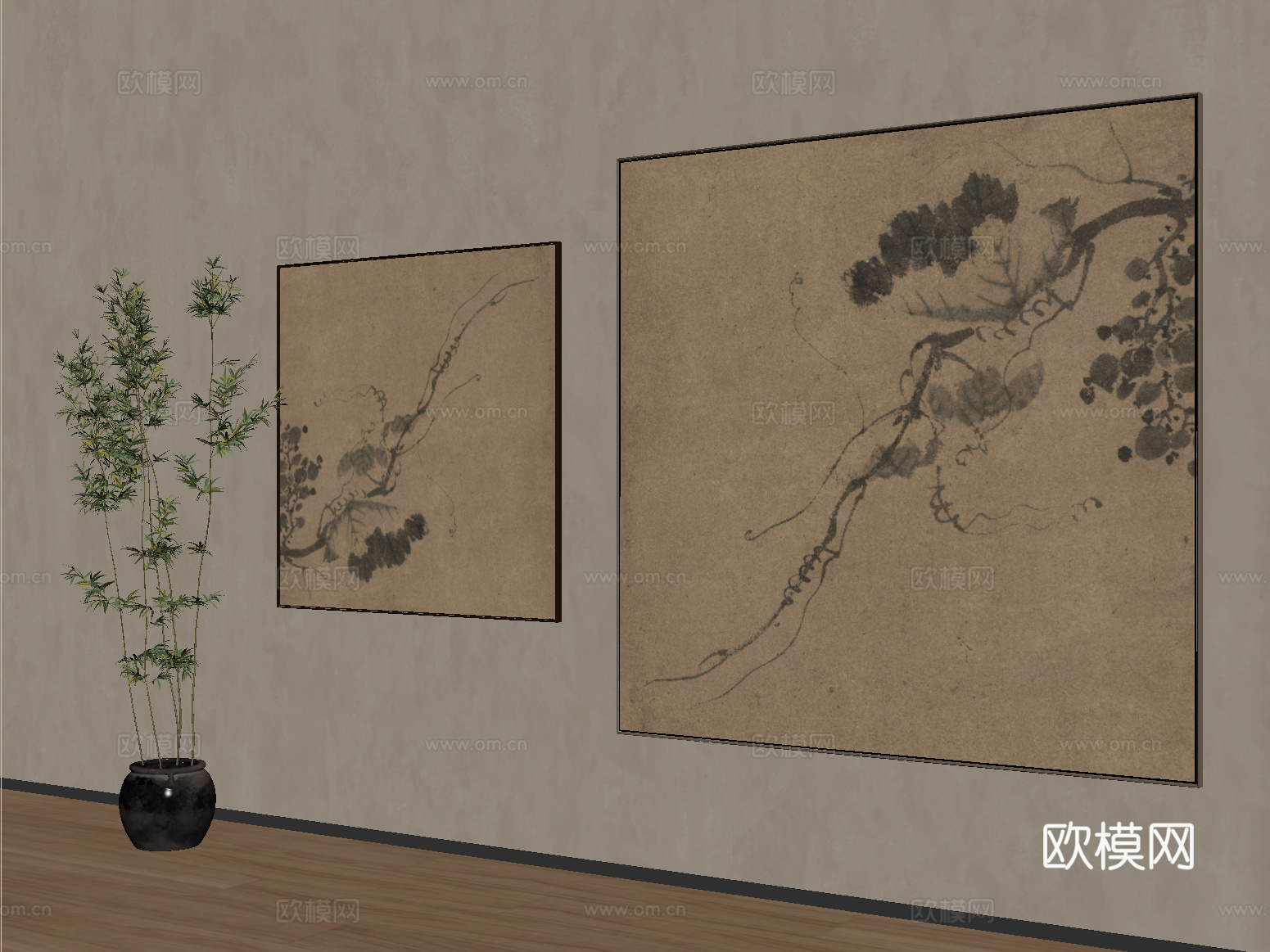 新中式装饰挂画组合 字画su模型