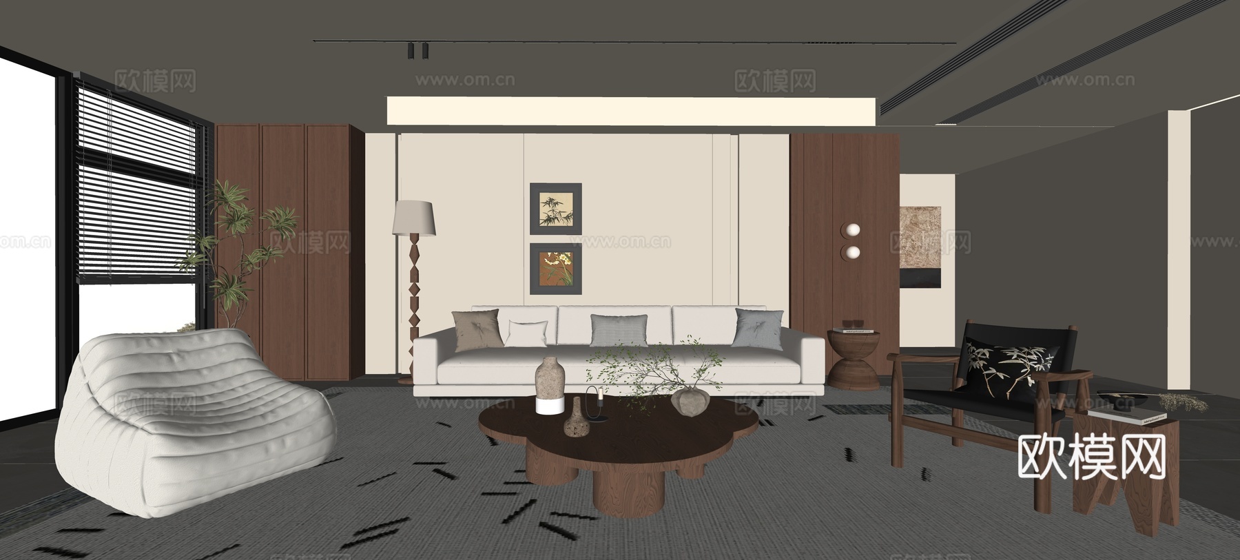 现代中古家居客厅 无主灯客厅 组合 中古风挂画su模型