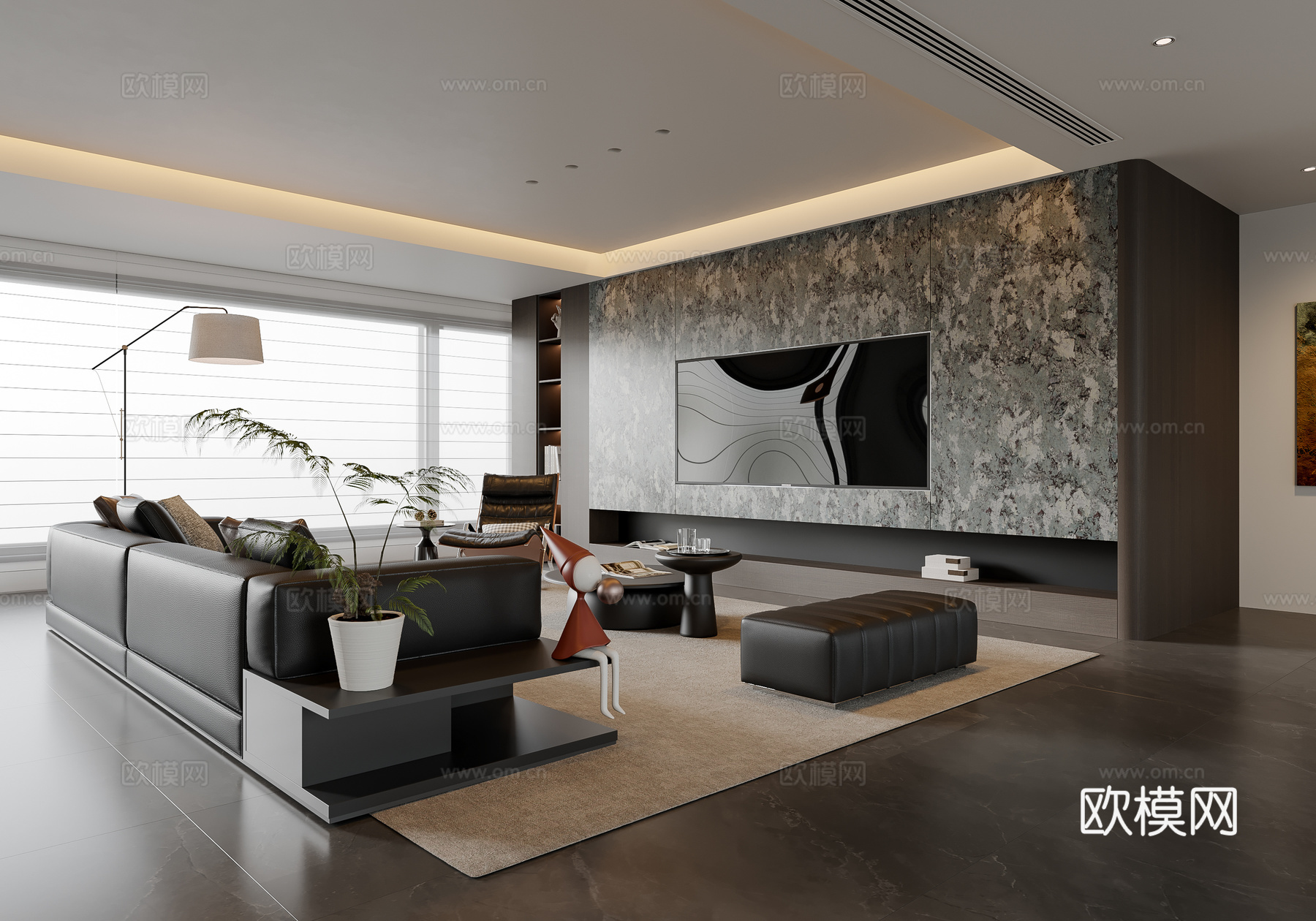 现代意式客厅 沙发茶几 电视背景墙 多人沙发 休闲椅 落地灯su模型