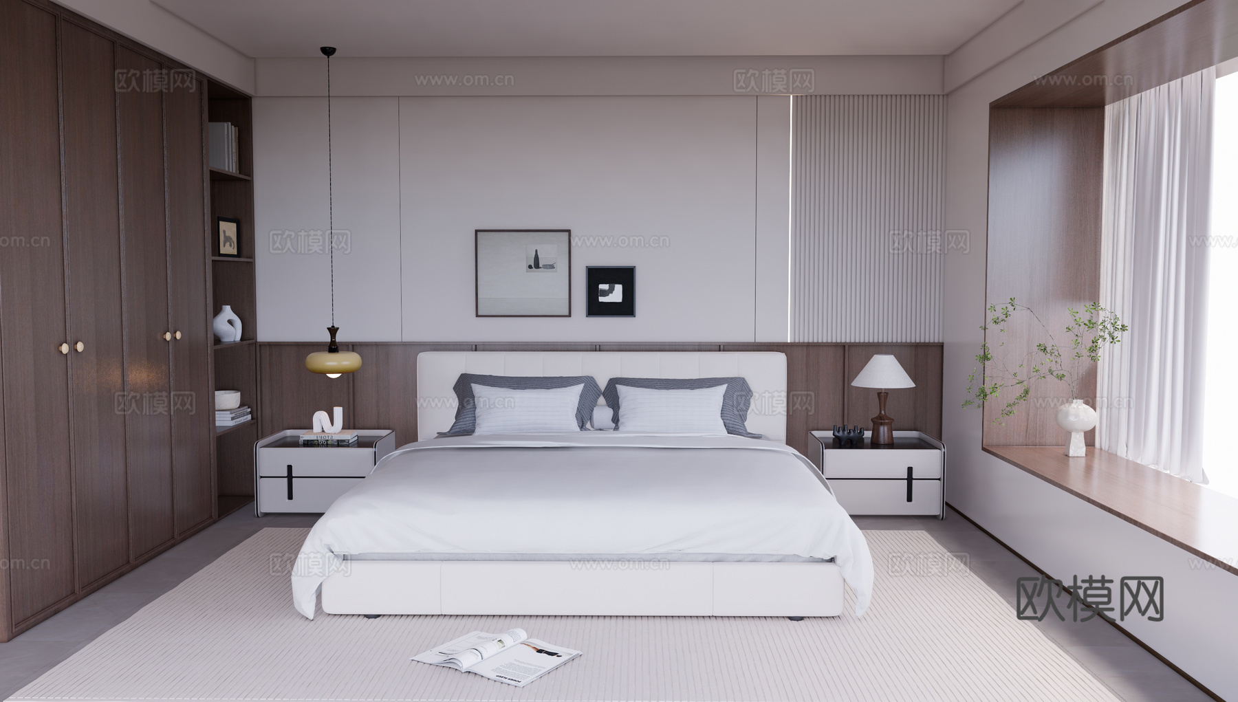 意式轻奢家居卧室 主卧床头背景墙 皮质双人床 床头柜吊线灯su模型