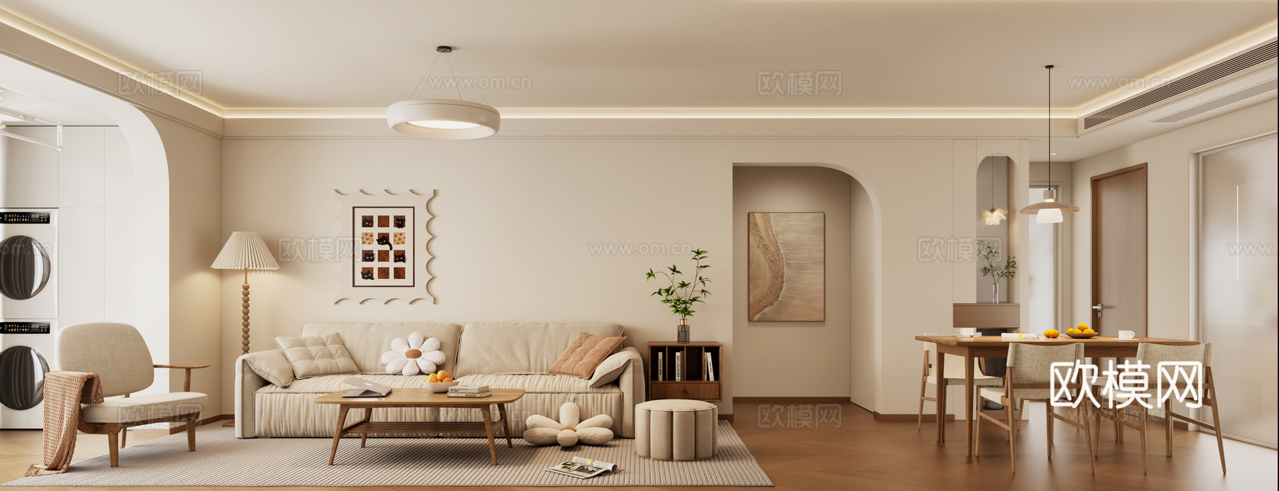 奶油中古风客餐厅 奶油风沙发 中古风沙发 中古风餐桌酒柜3d模型下载（渲染图2）