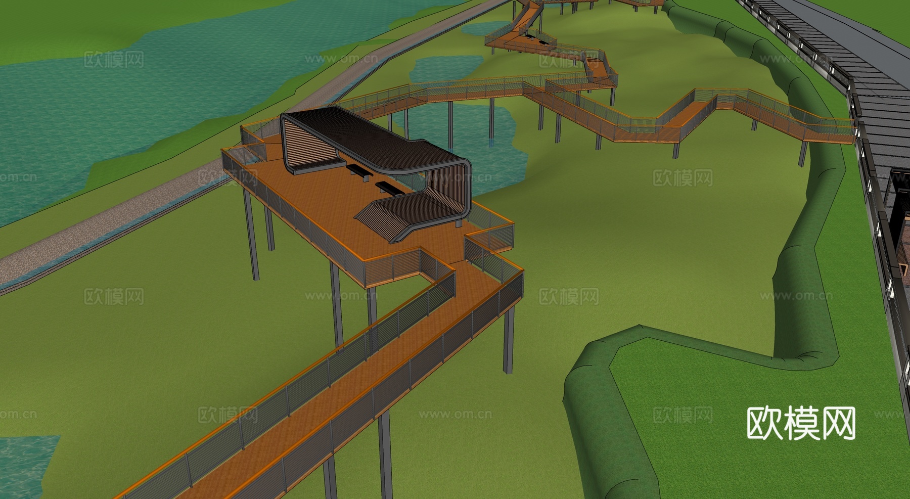 现代滨水景观 河岸景观 滨水景观公园 滨江栈道景观su模型下载（渲染图3）