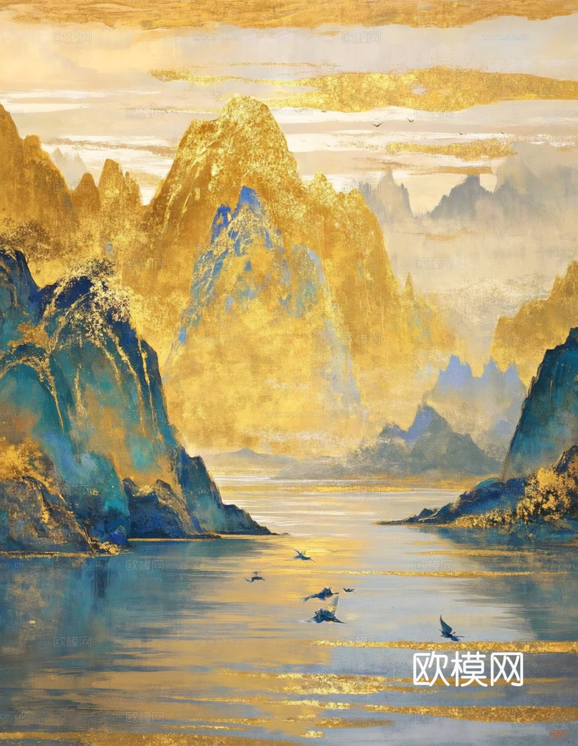 新中式民俗风景装饰画 金色风景画