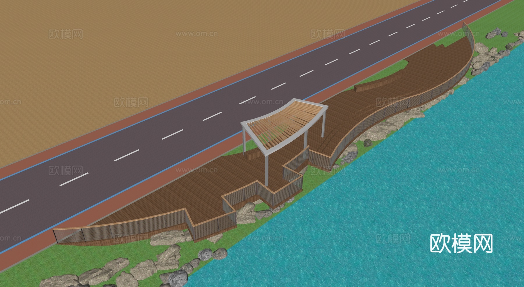 现代滨水景观 河岸景观 滨水景观公园 滨江栈道景观su模型下载（渲染图2）