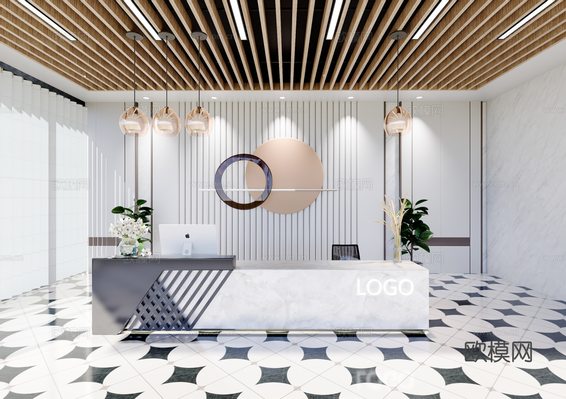 0051现代简约办公室前台接待台su模型