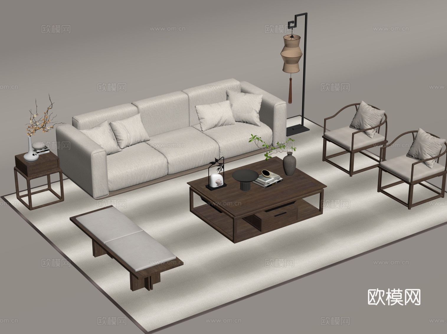 中古风沙发茶几组合su模型