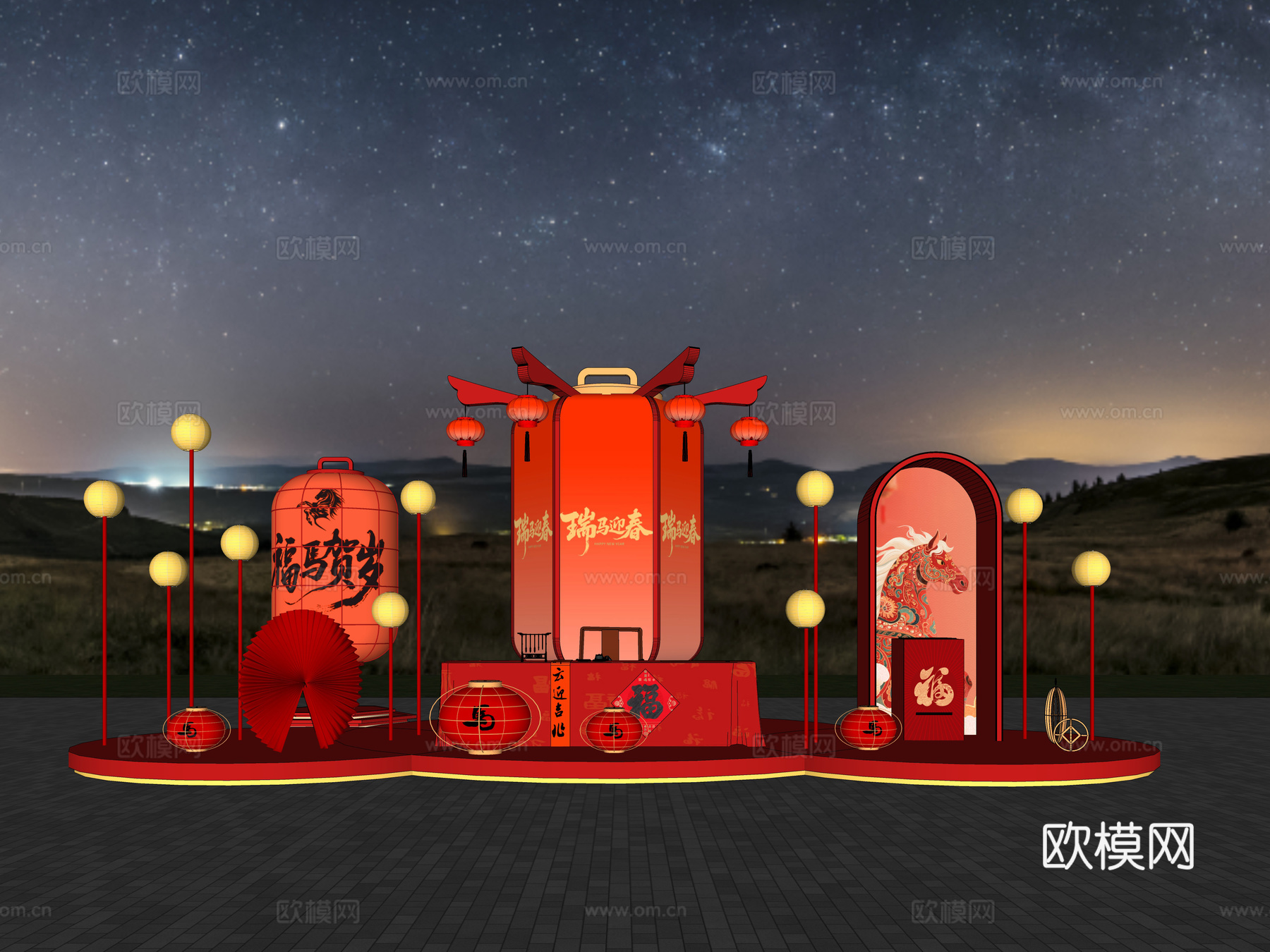 马年春节美陈 新年美陈 灯笼装置 网红打卡 景观小品su模型