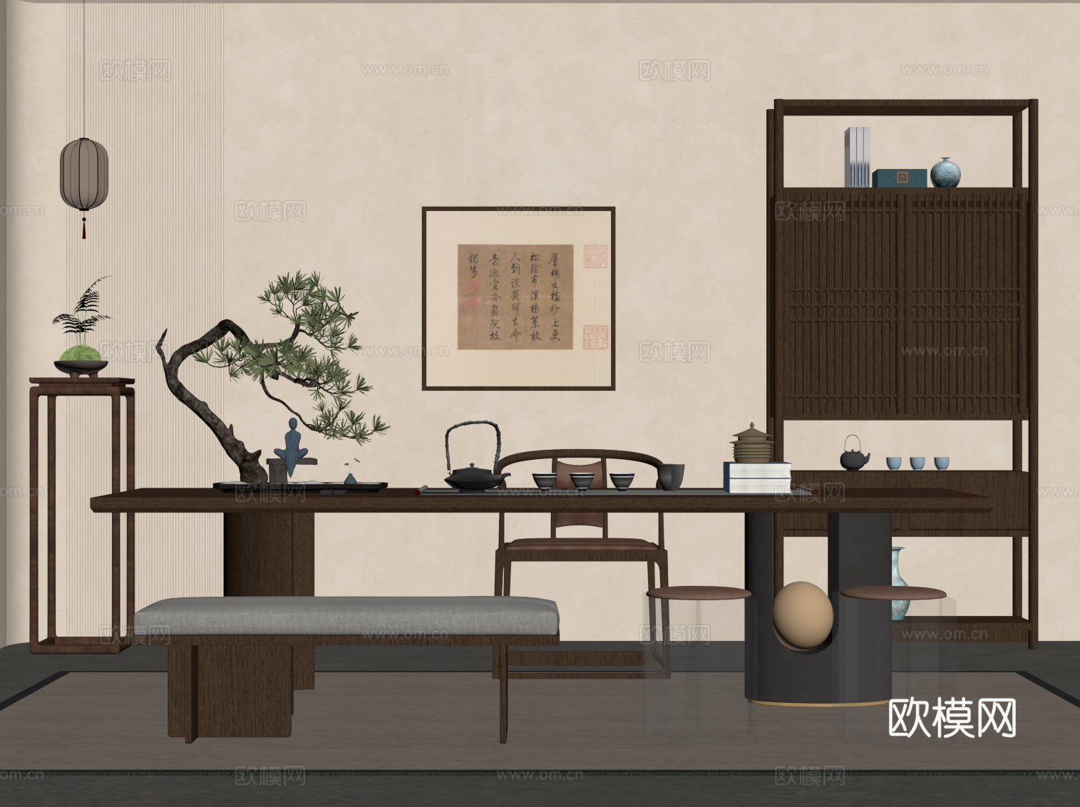 中古风茶桌椅su模型