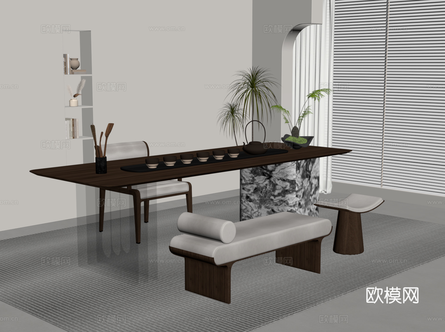 新中式茶桌椅 茶台su模型