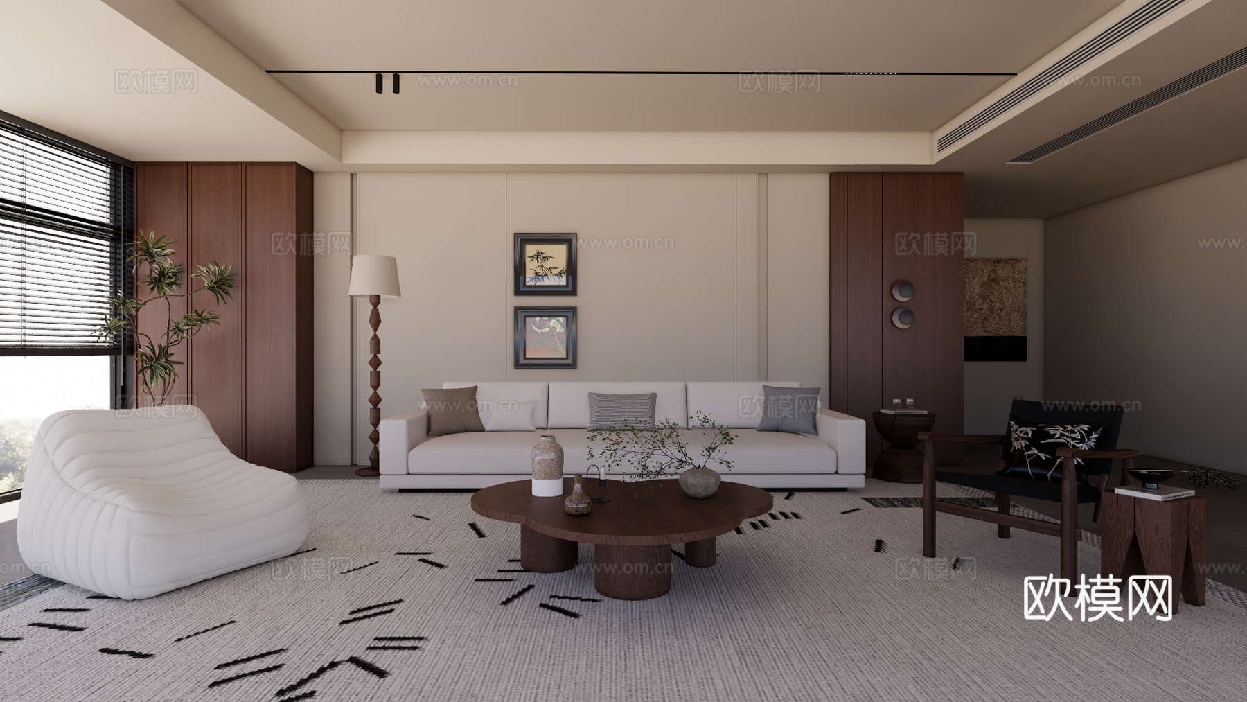 现代中古家居客厅 无主灯客厅 组合 中古风挂画su模型