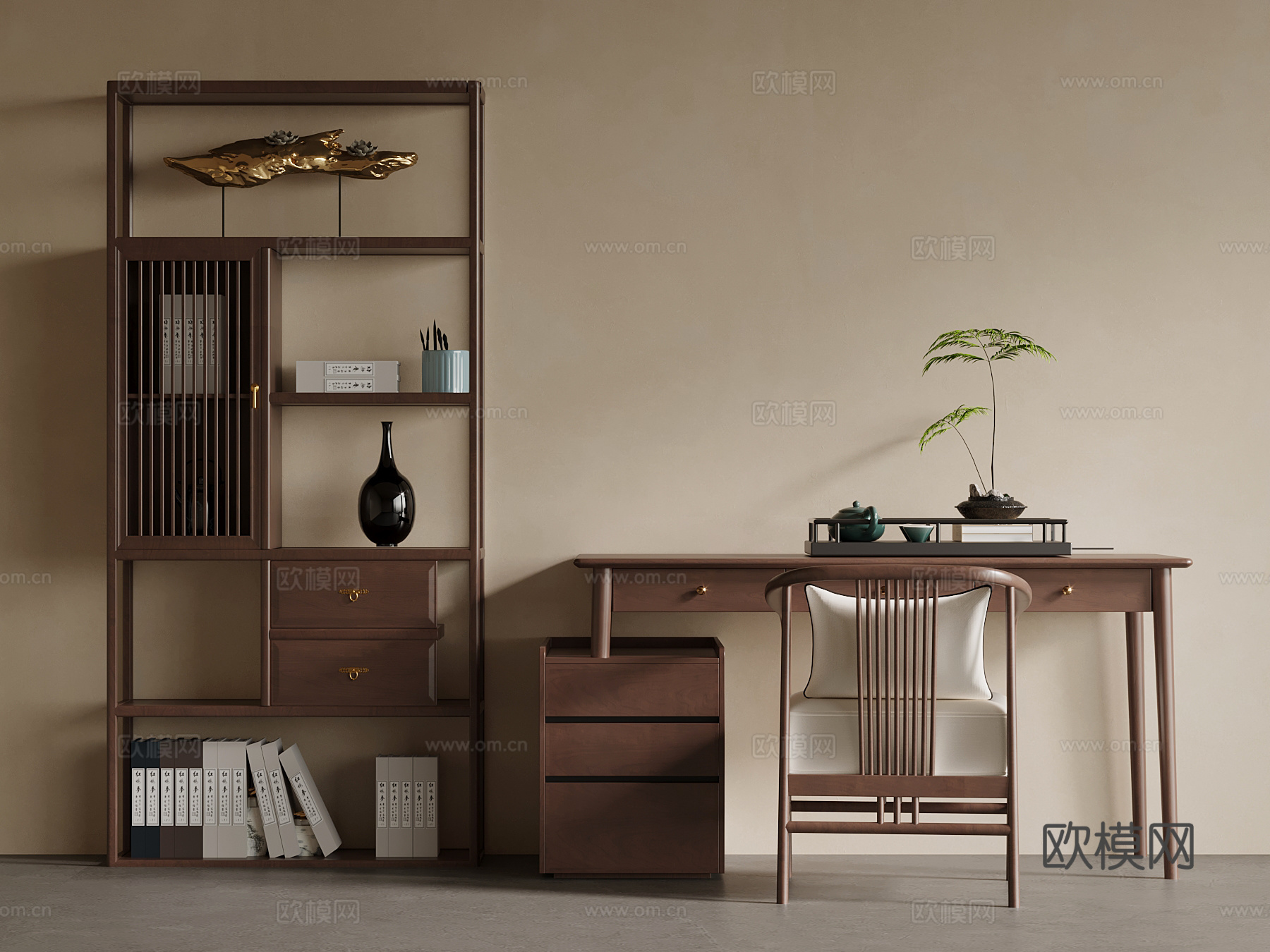 新中式书桌椅 博古架su模型