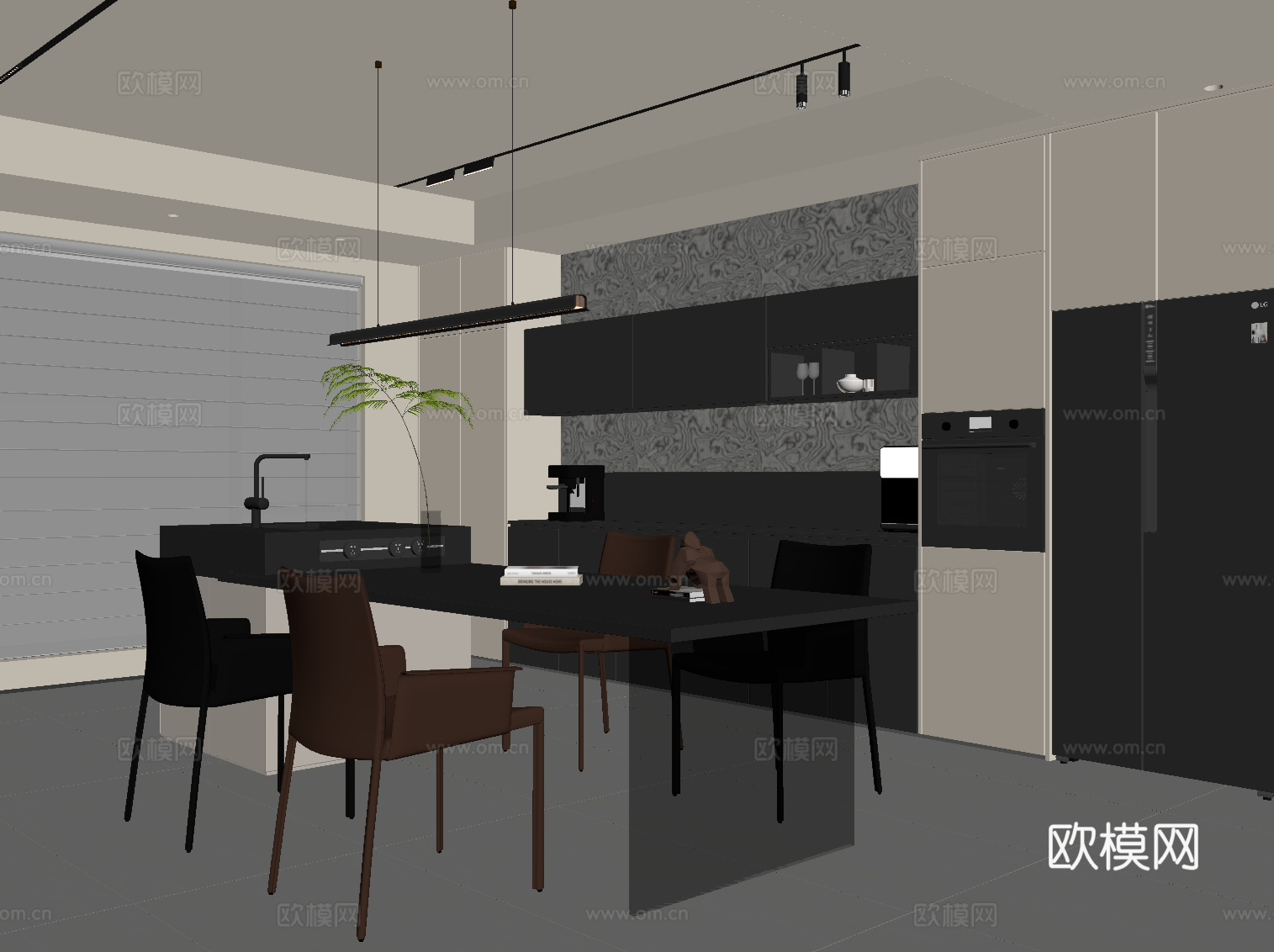 现代意式餐厅 餐桌椅 酒柜 餐边柜su模型